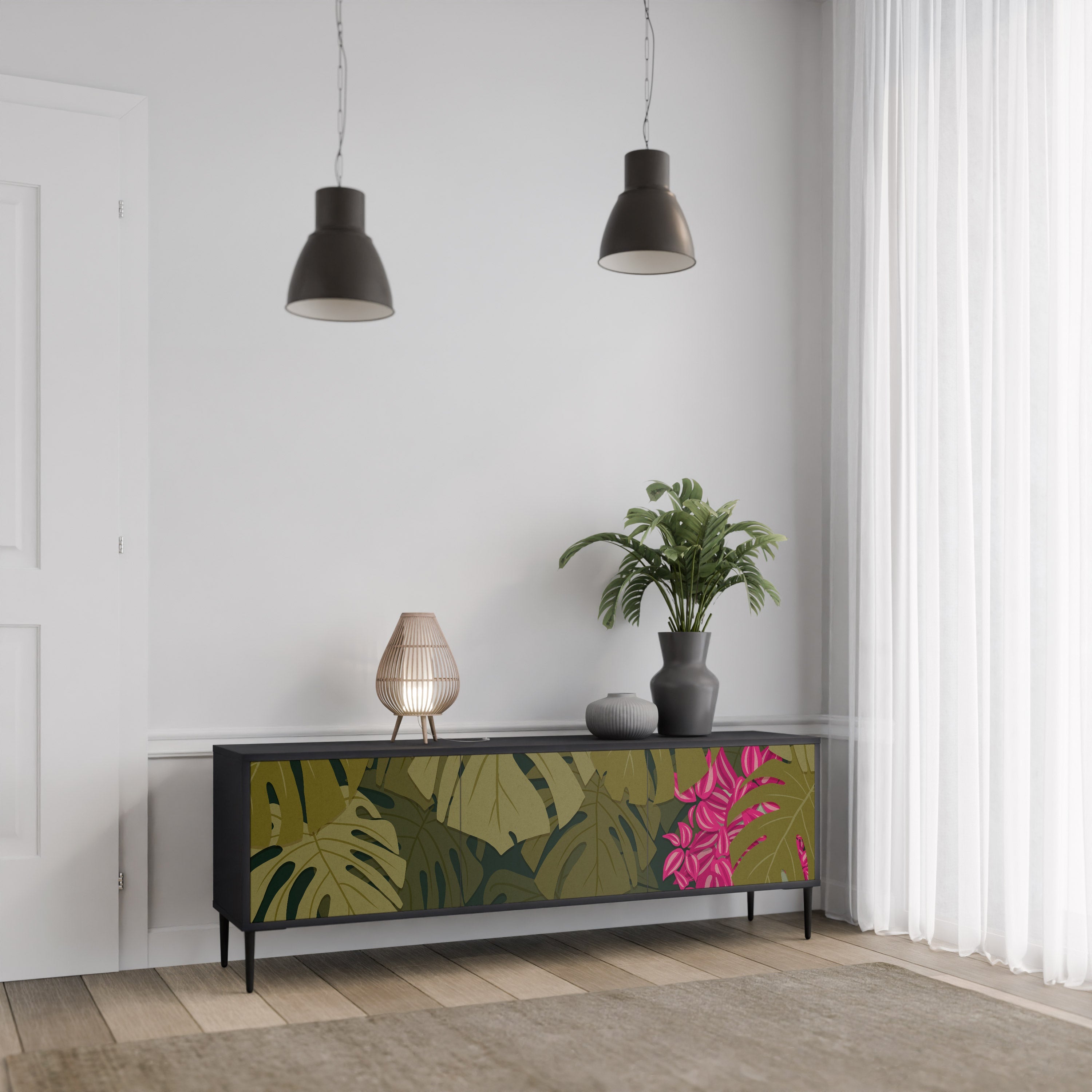 TROPICAL BEAUTY 3-Door TV Stand in Black Finish