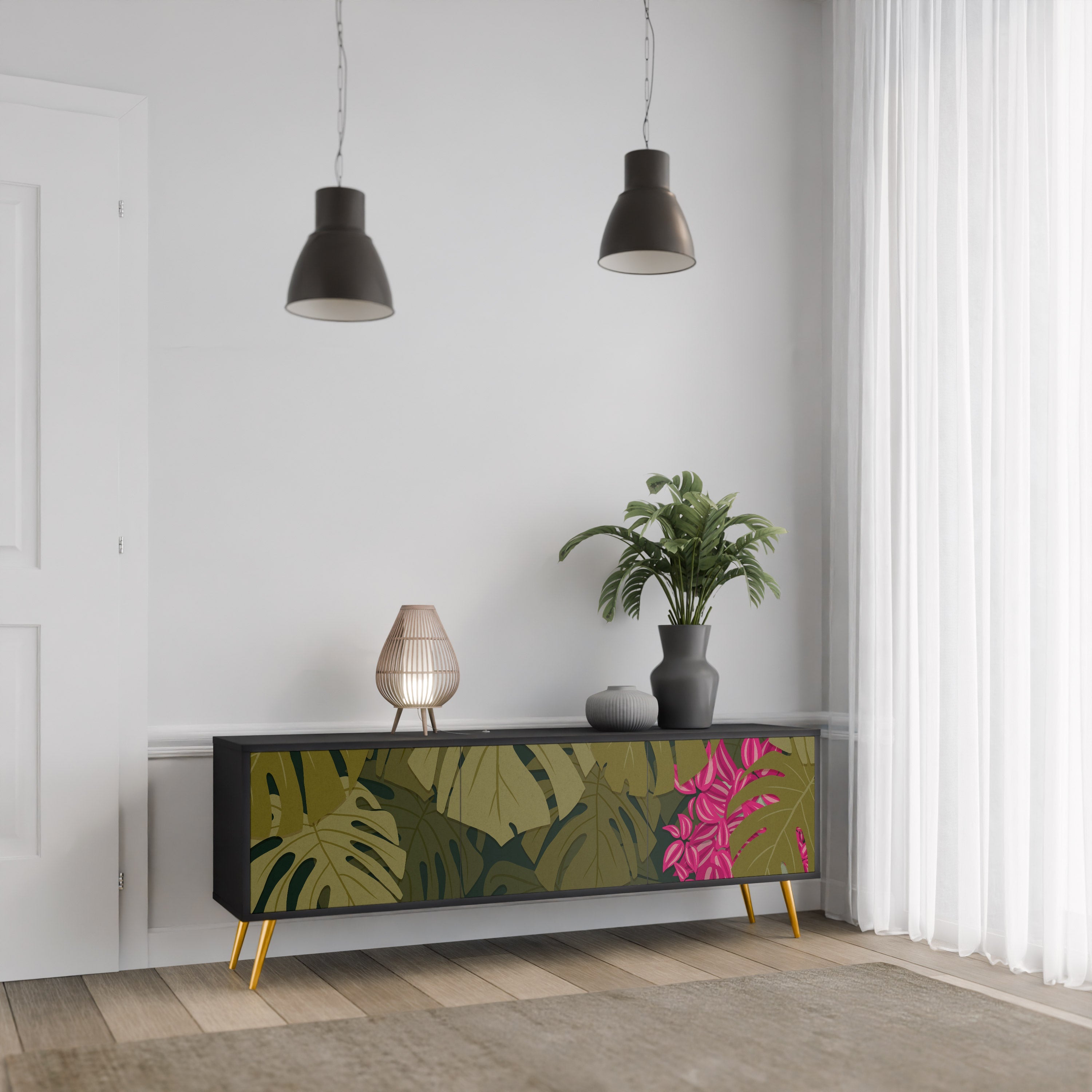 TROPICAL BEAUTY Móvel de TV com 3 Portas em Acabamento Preto