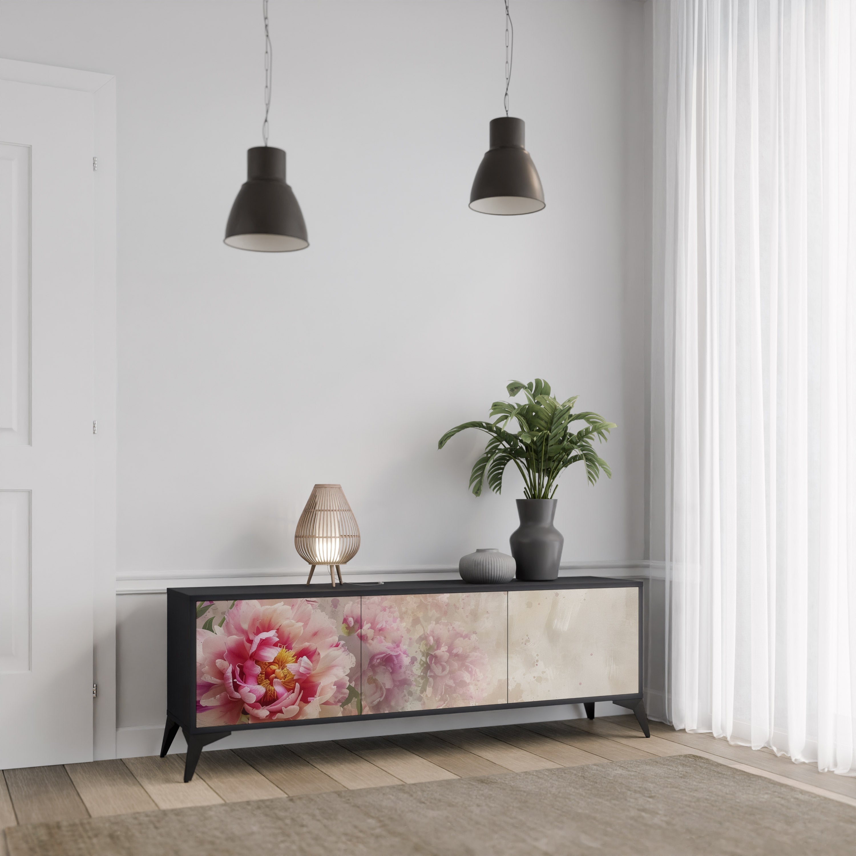 PEONY WHISPER 3-Door TV Stand in Black Finish