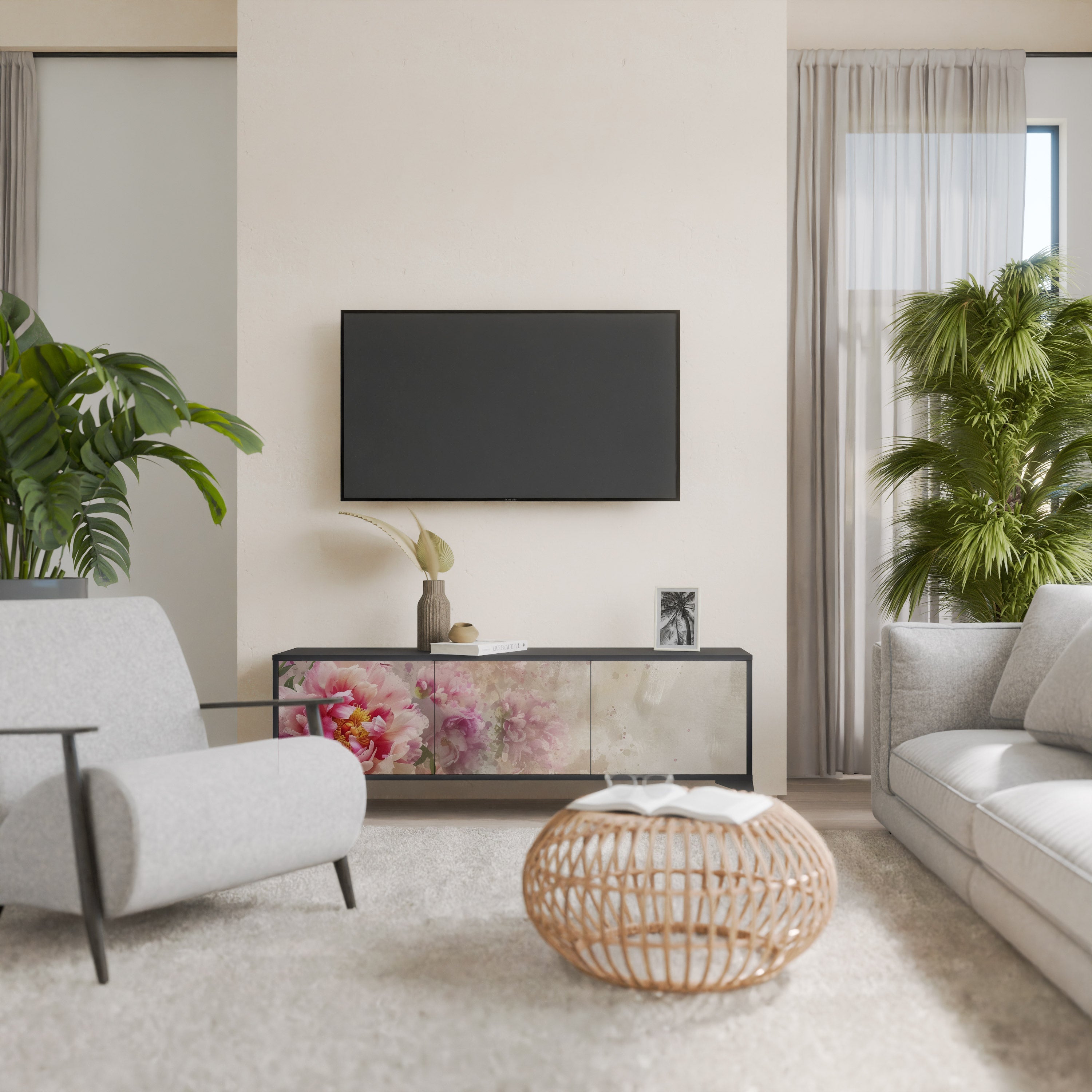 PEONY WHISPER 3-Door TV Stand in Black Finish