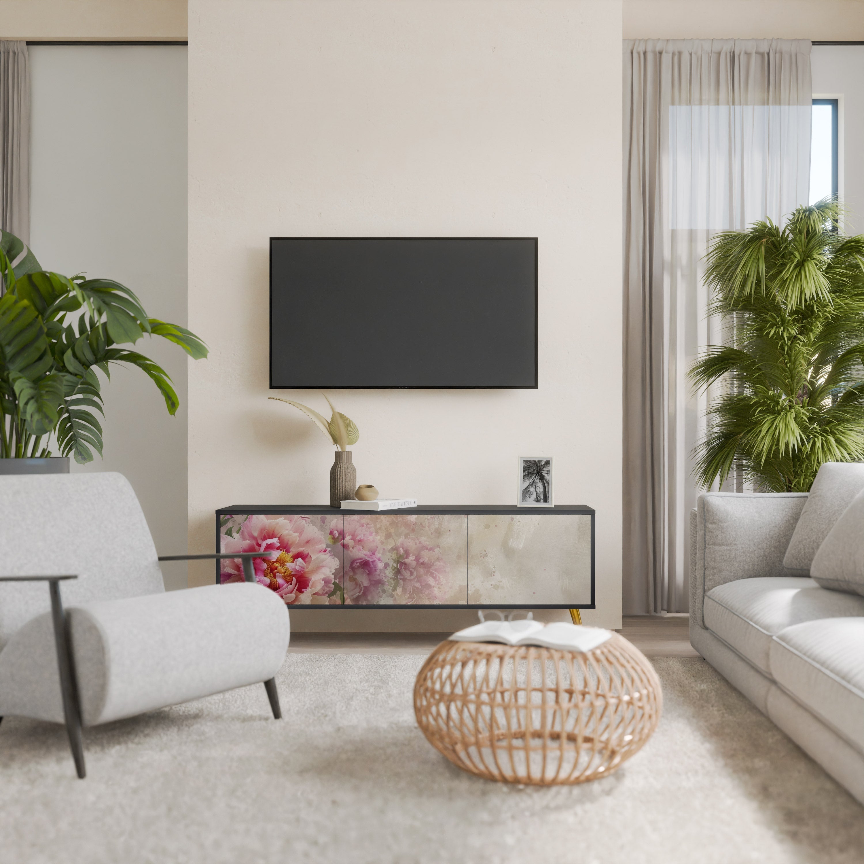 PEONY WHISPER 3-Door TV Stand in Black Finish