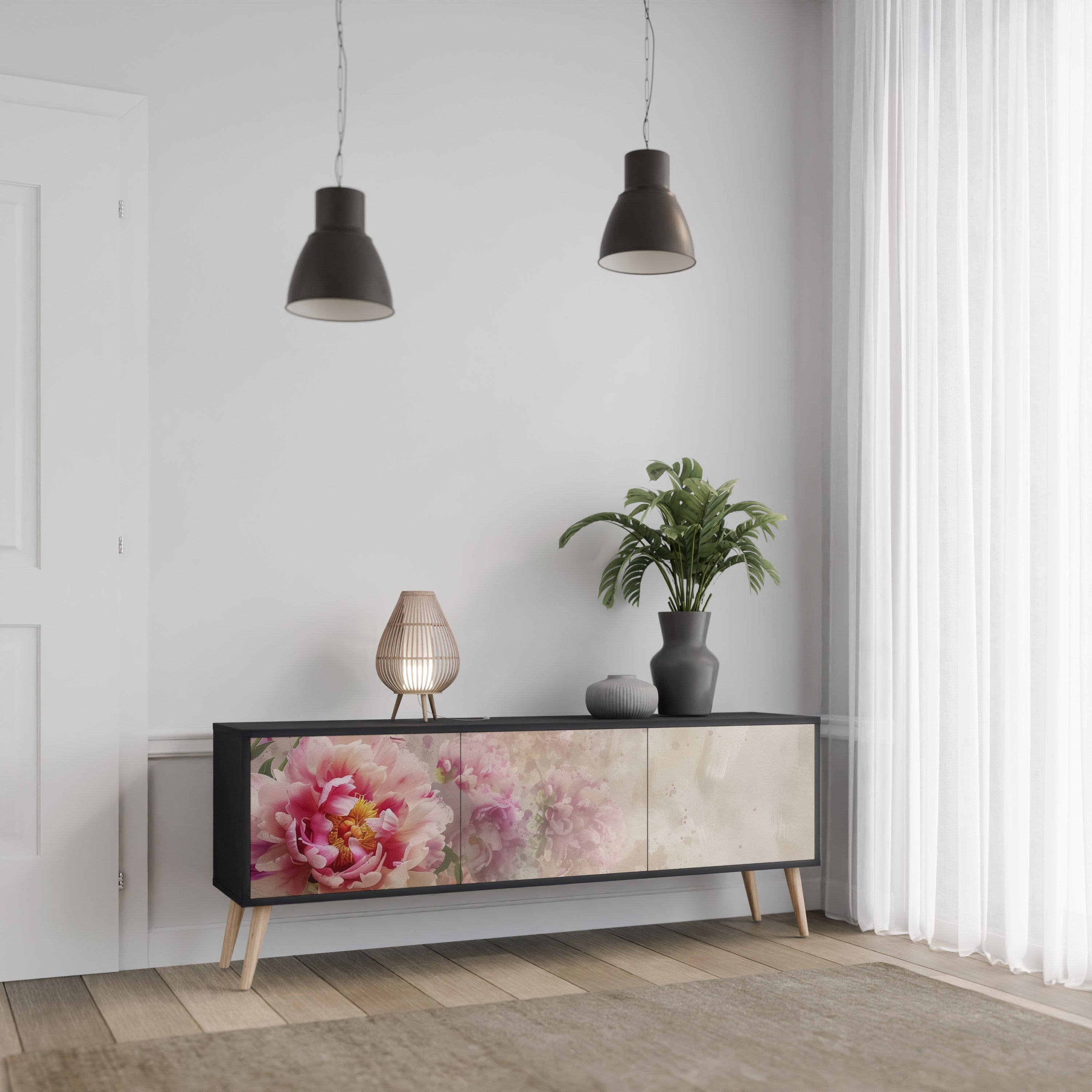 PEONY WHISPER 3-Door TV Stand in Black Finish