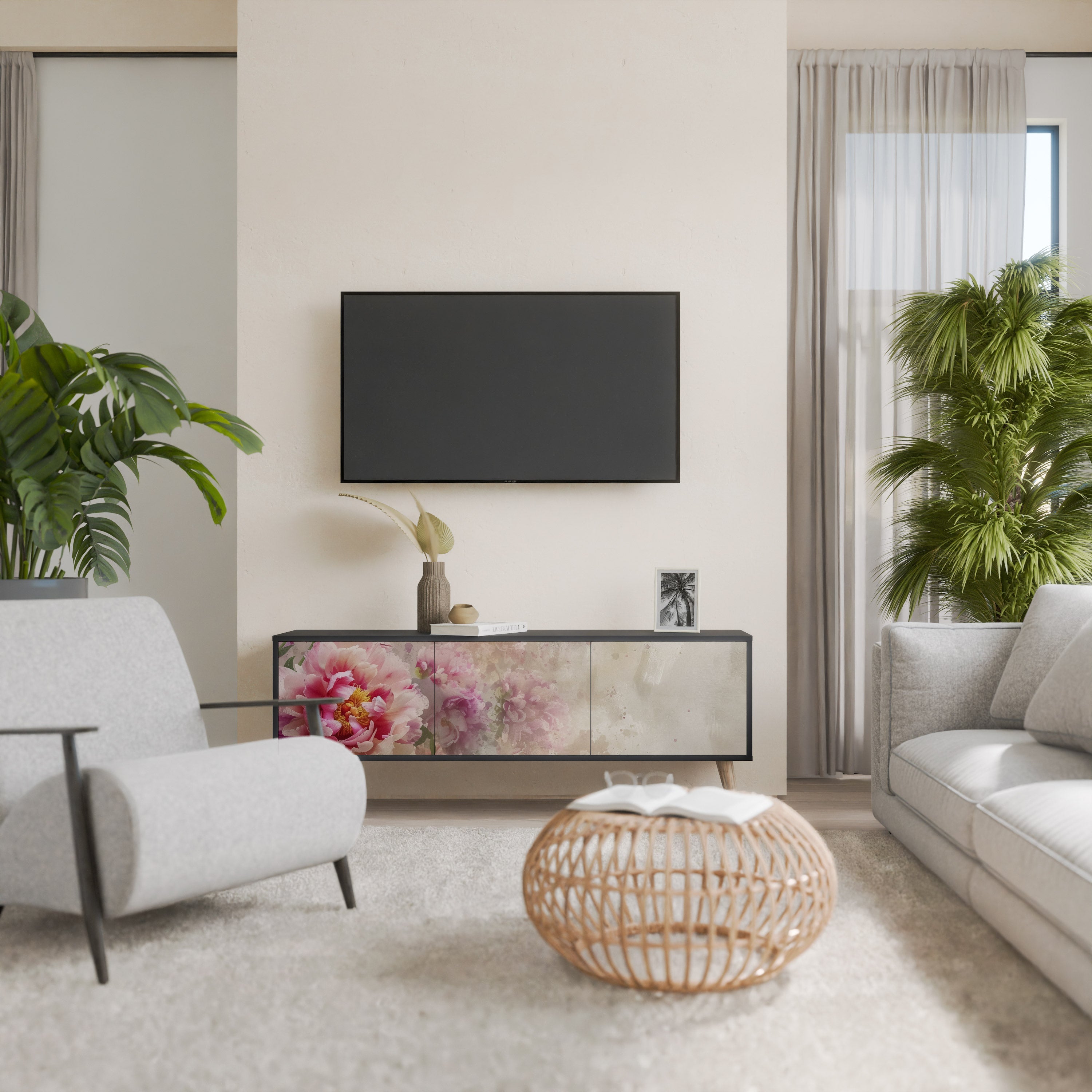 PEONY WHISPER 3-Door TV Stand in Black Finish