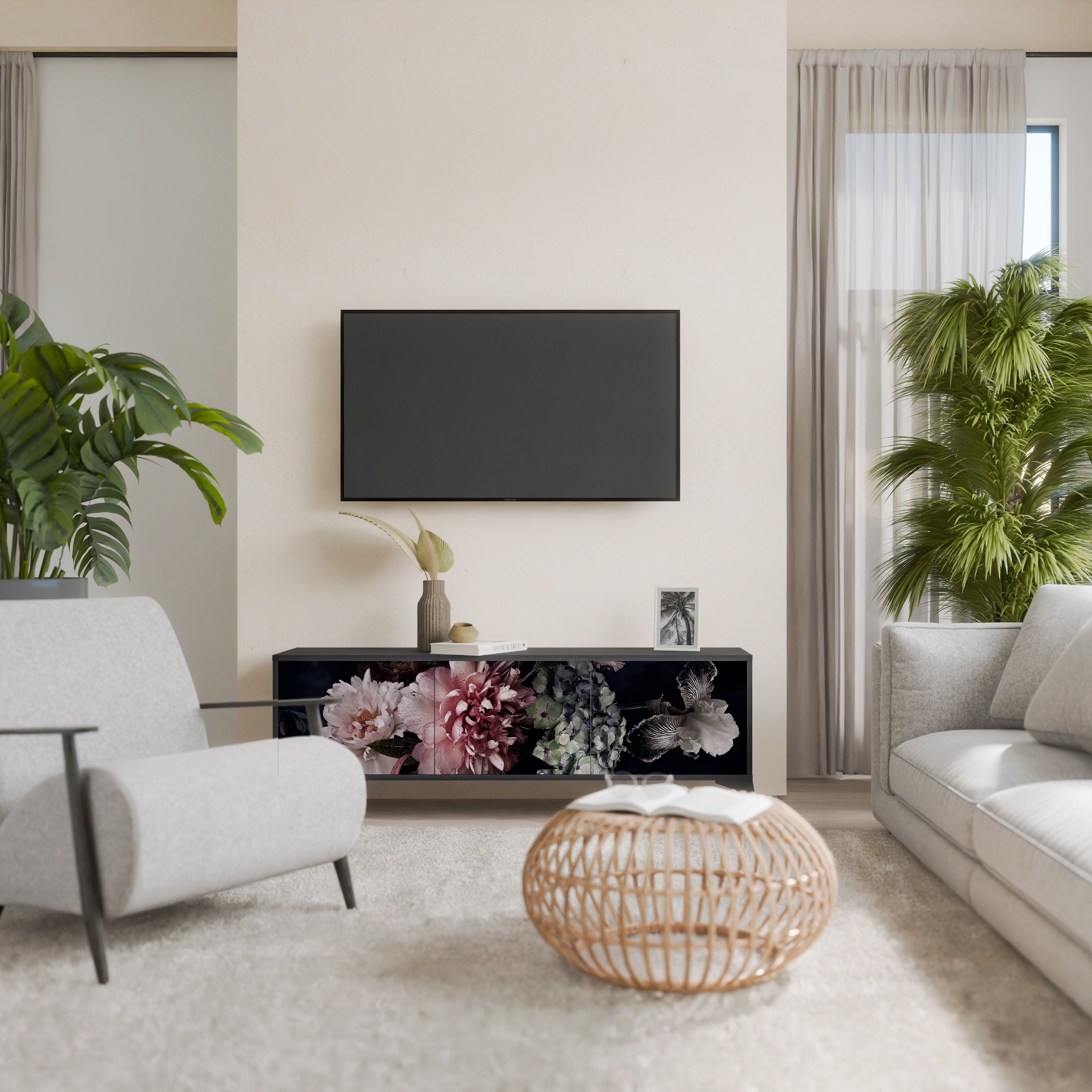 PURE BLOSSOM Móvel de TV com 3 Portas em Acabamento Preto