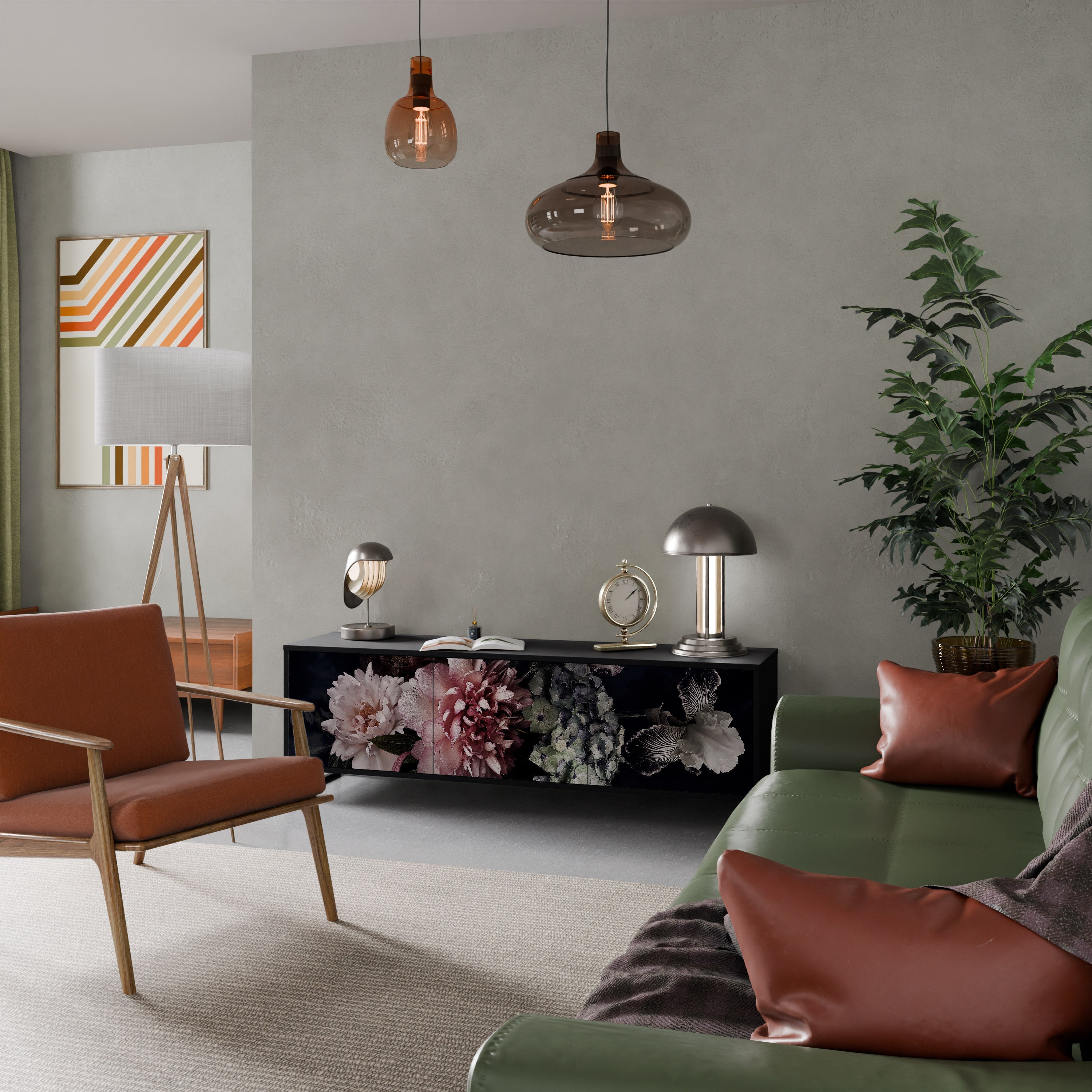 PURE BLOSSOM Móvel de TV com 3 Portas em Acabamento Preto