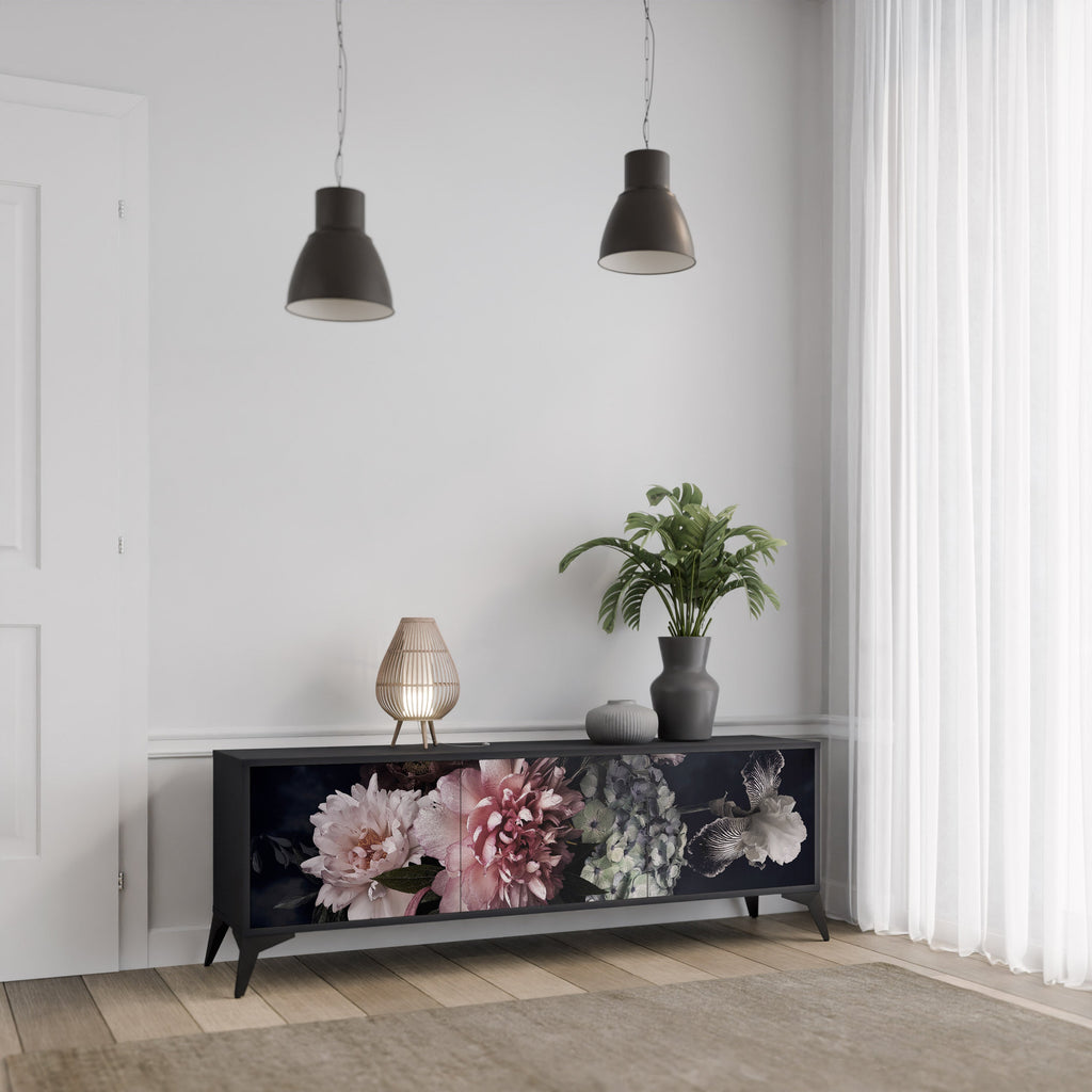 PURE BLOSSOM Móvel de TV com 3 Portas em Acabamento Preto