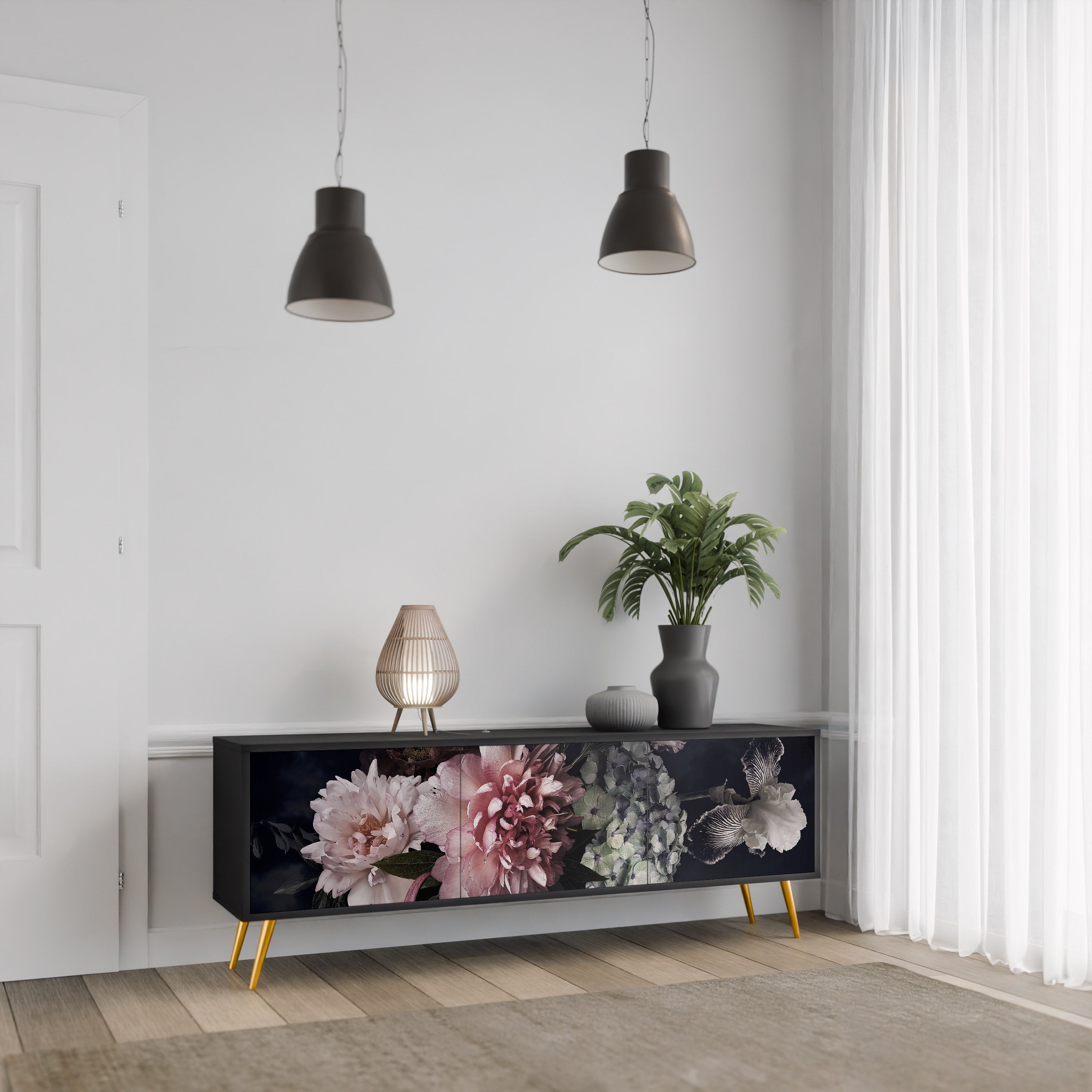 PURE BLOSSOM Móvel de TV com 3 Portas em Acabamento Preto