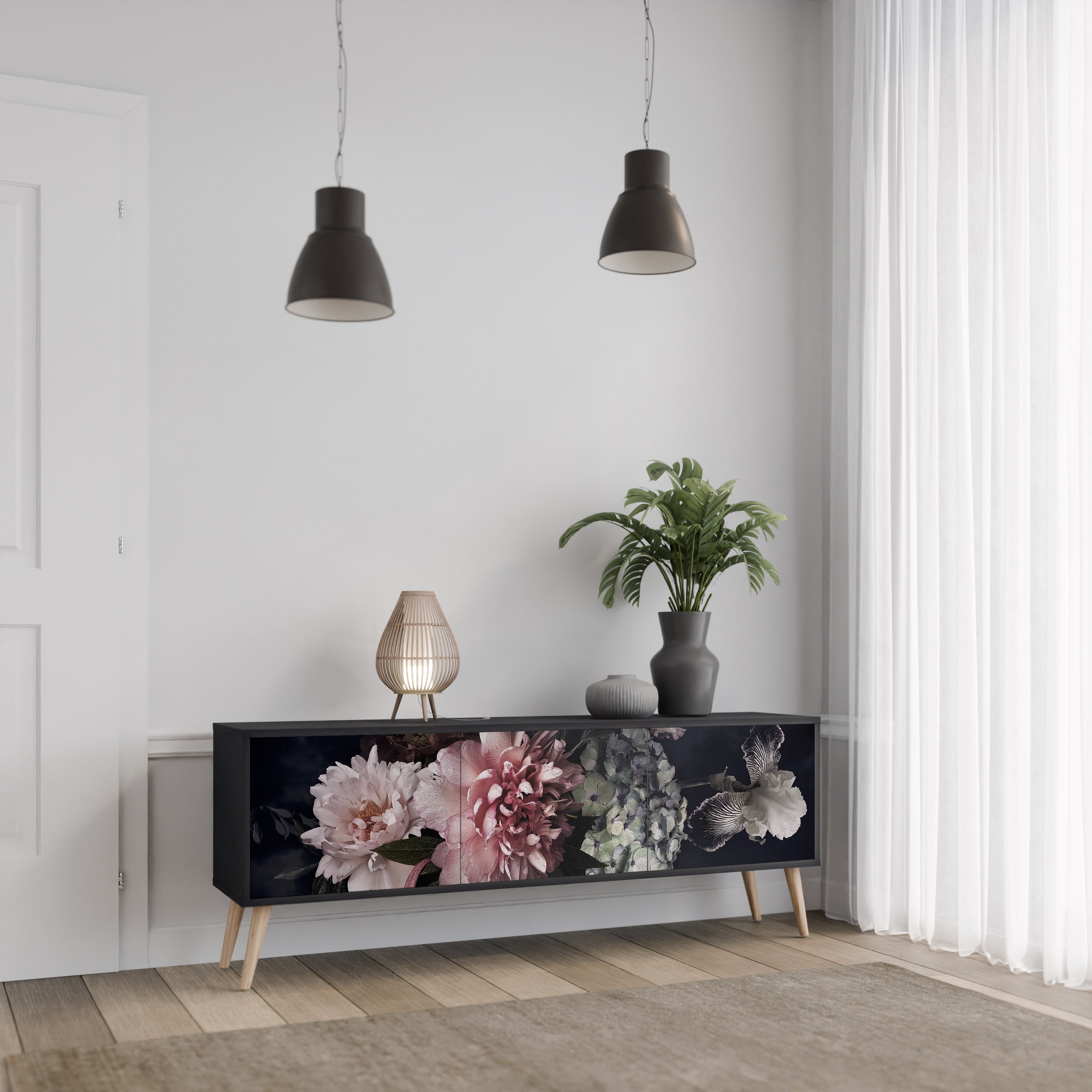 PURE BLOSSOM Móvel de TV com 3 Portas em Acabamento Preto