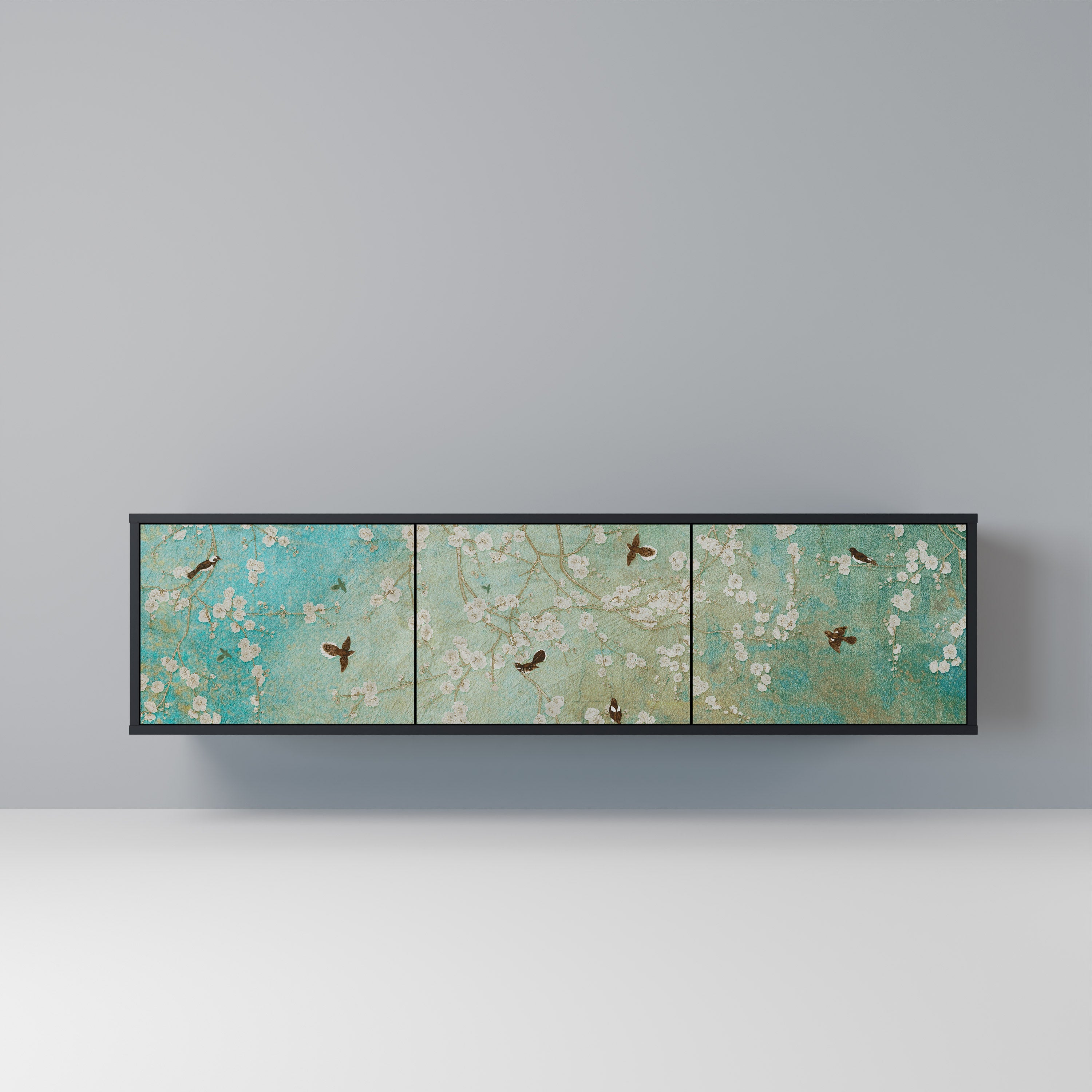 BLOOMING CHARM 3-Door TV Stand in Black Finish