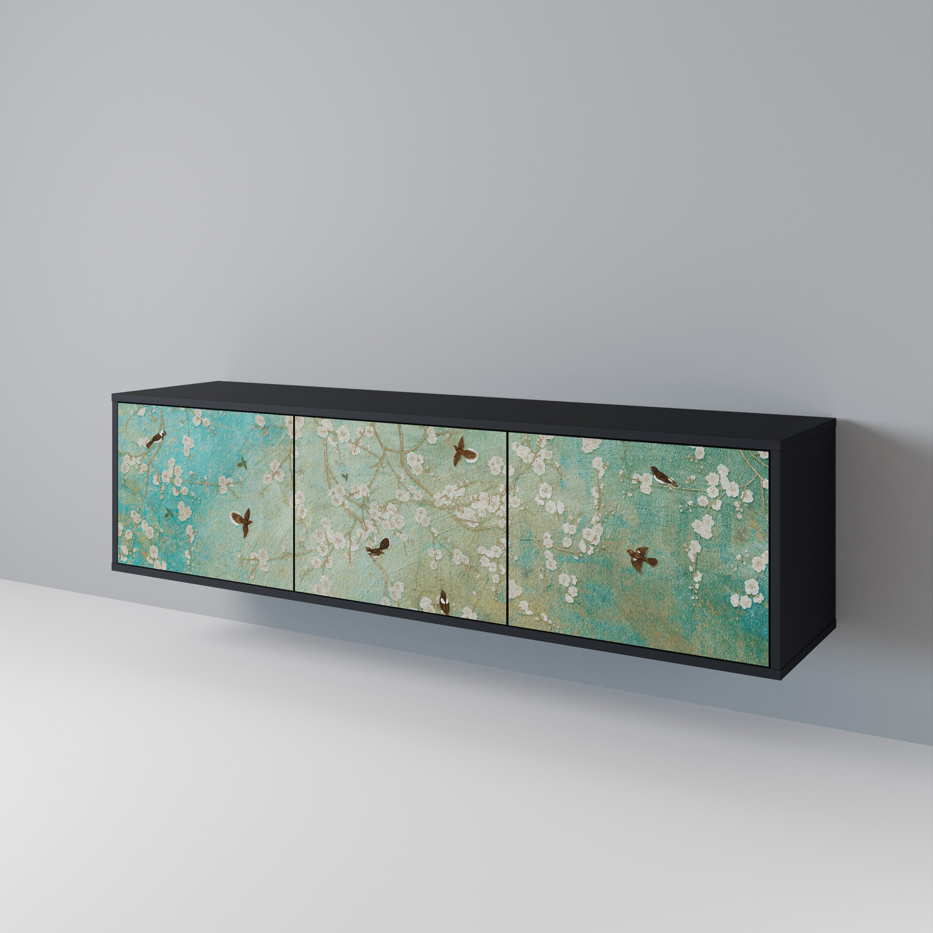 BLOOMING CHARM 3-Door TV Stand in Black Finish