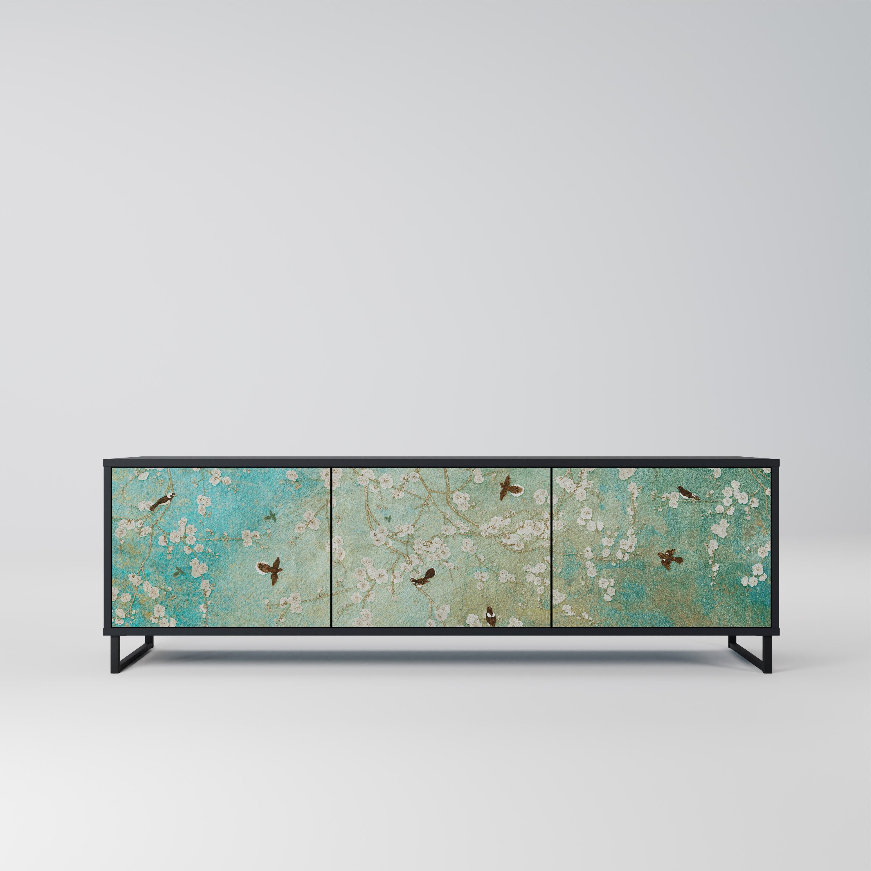 BLOOMING CHARM 3-Door TV Stand in Black Finish