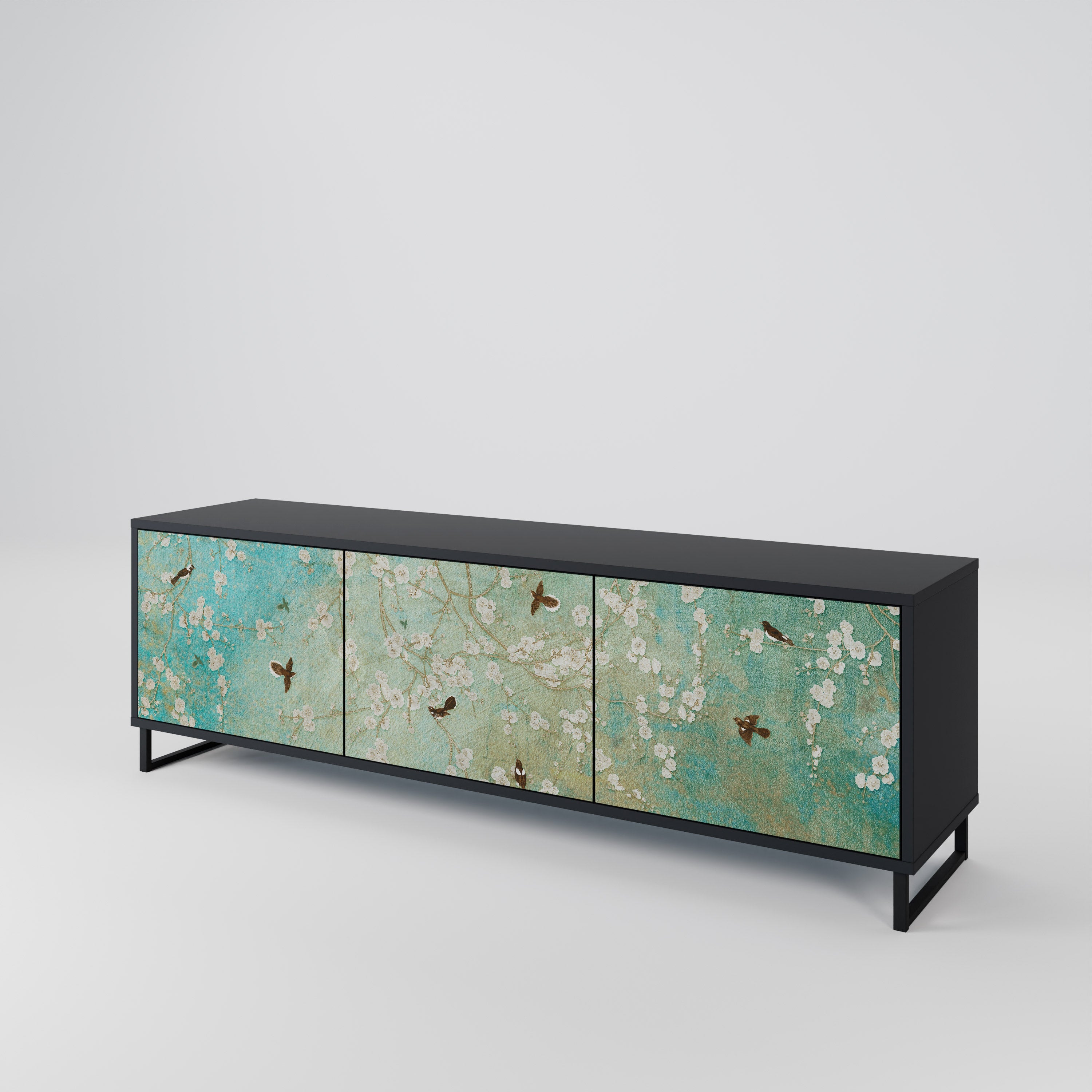 BLOOMING CHARM 3-Door TV Stand in Black Finish