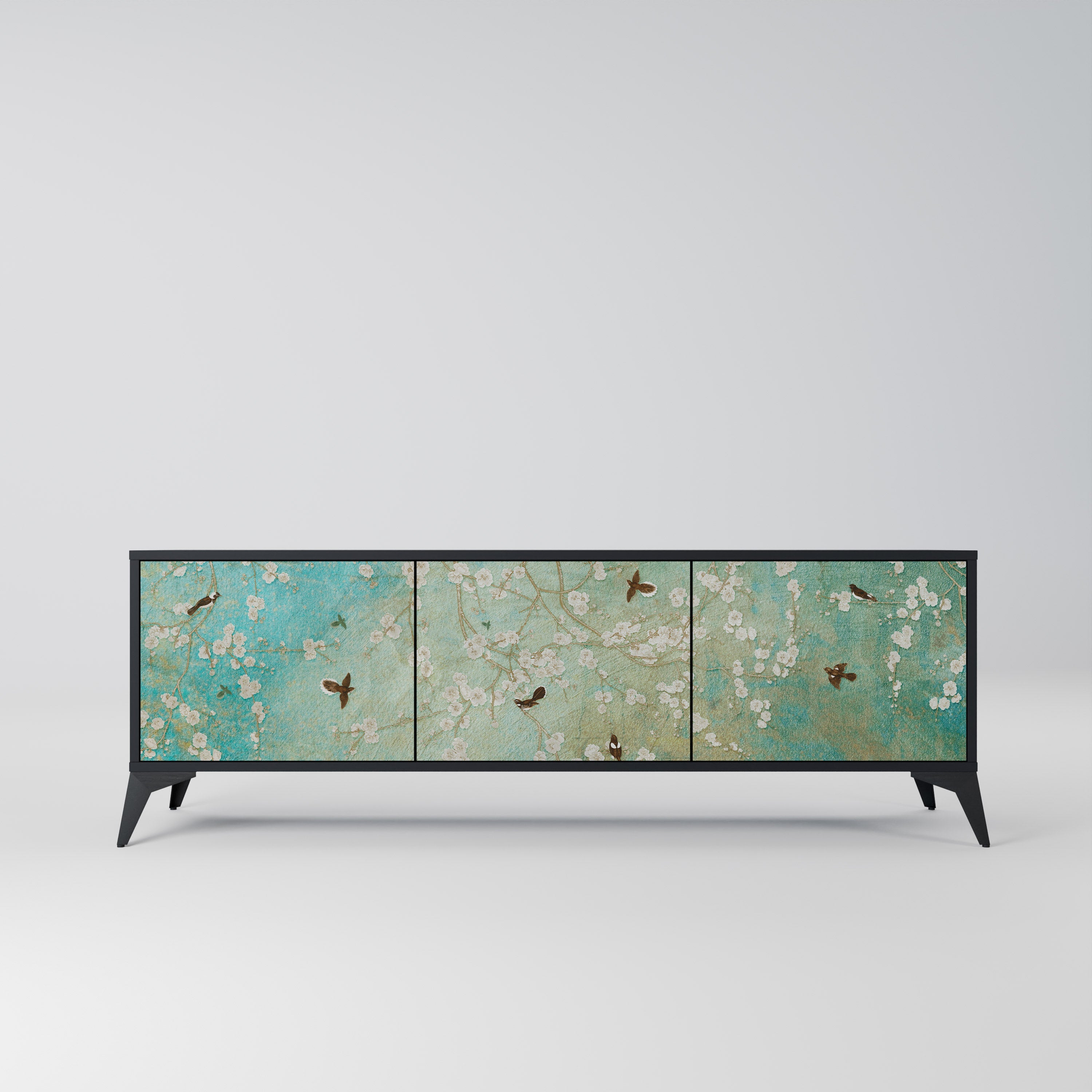 BLOOMING CHARM 3-Door TV Stand in Black Finish