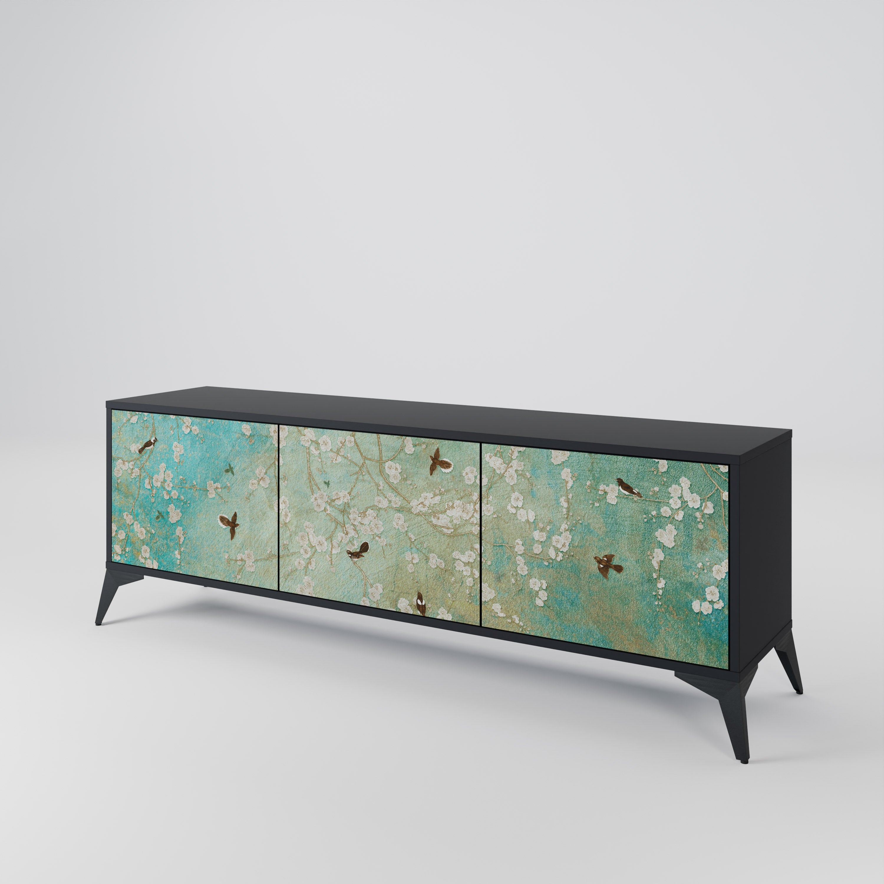 BLOOMING CHARM 3-Door TV Stand in Black Finish