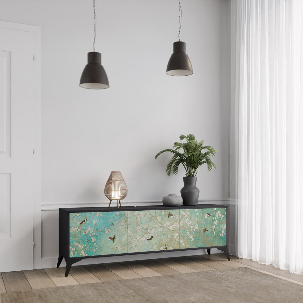 BLOOMING CHARM 3-Door TV Stand in Black Finish