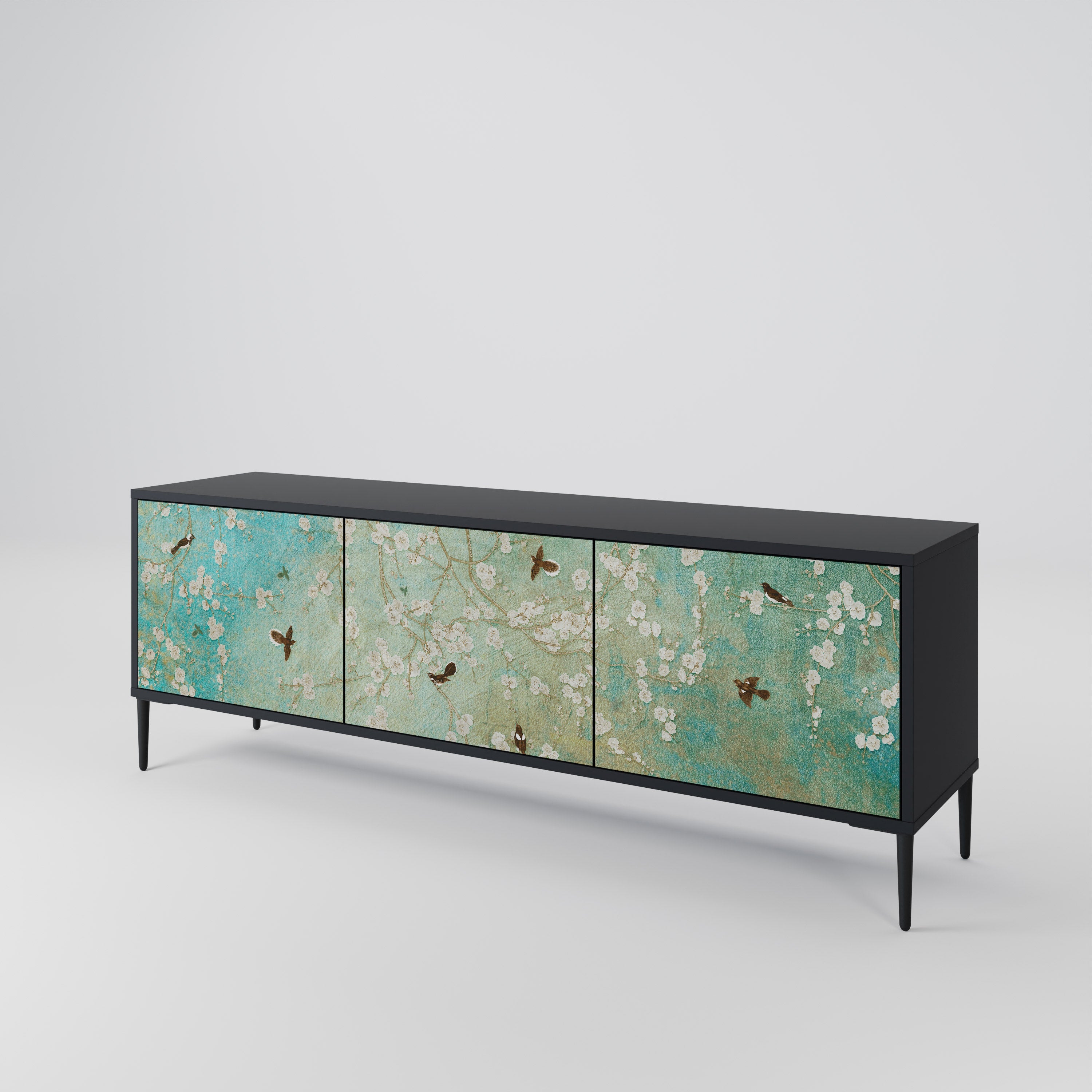 BLOOMING CHARM 3-Door TV Stand in Black Finish