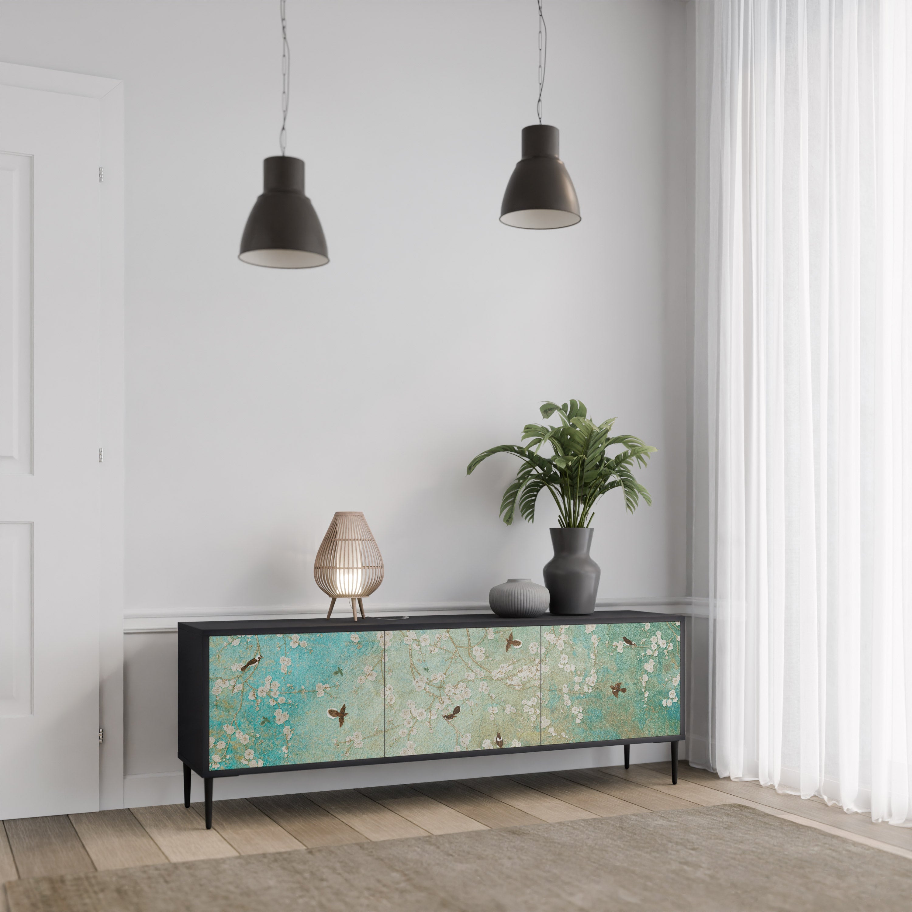 BLOOMING CHARM 3-Door TV Stand in Black Finish