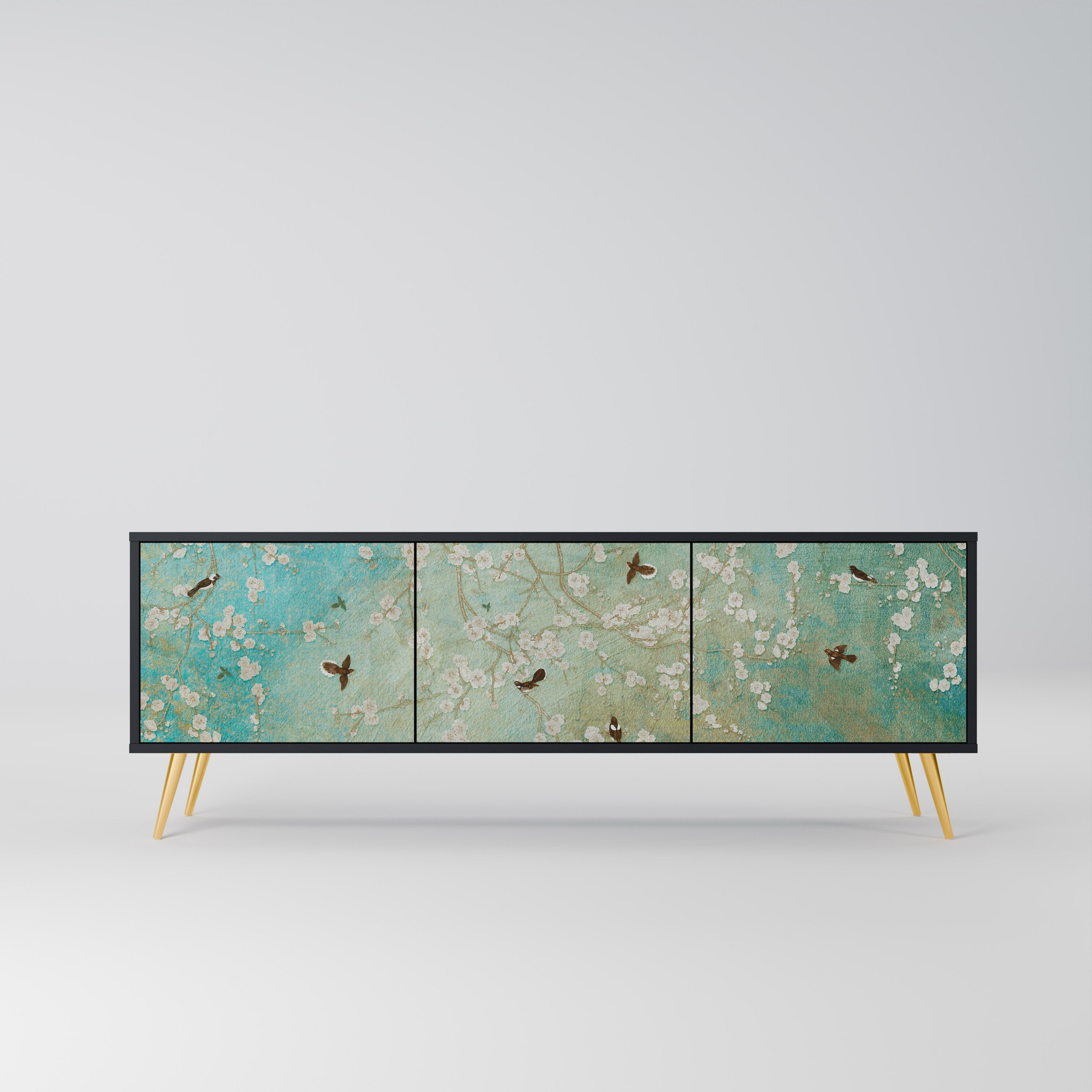 BLOOMING CHARM 3-Door TV Stand in Black Finish