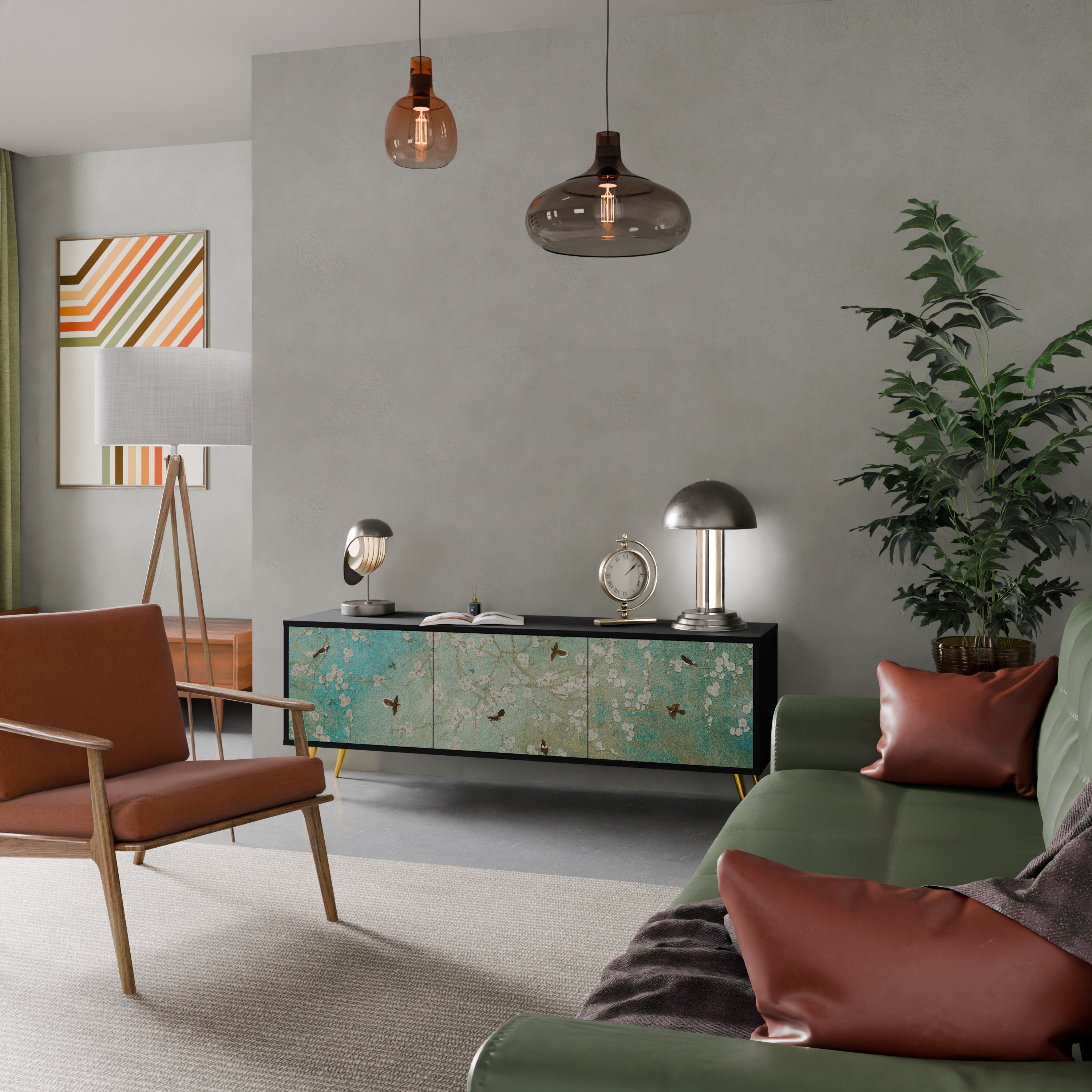 BLOOMING CHARM 3-Door TV Stand in Black Finish