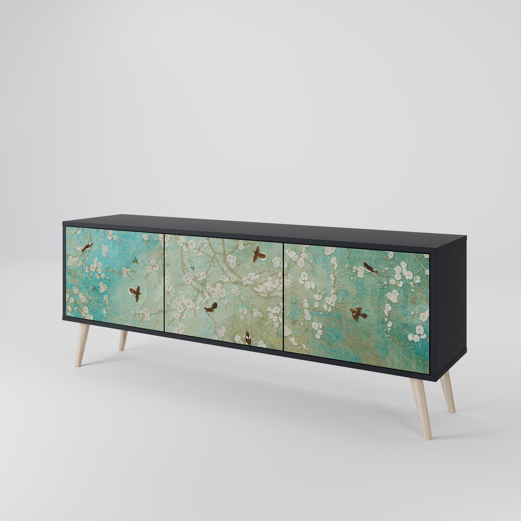 BLOOMING CHARM 3-Door TV Stand in Black Finish