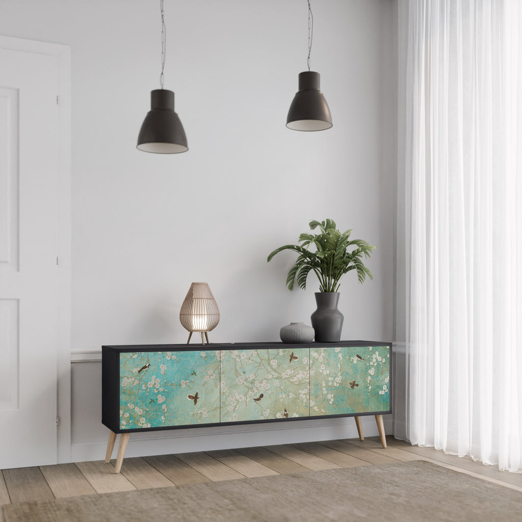 BLOOMING CHARM 3-Door TV Stand in Black Finish