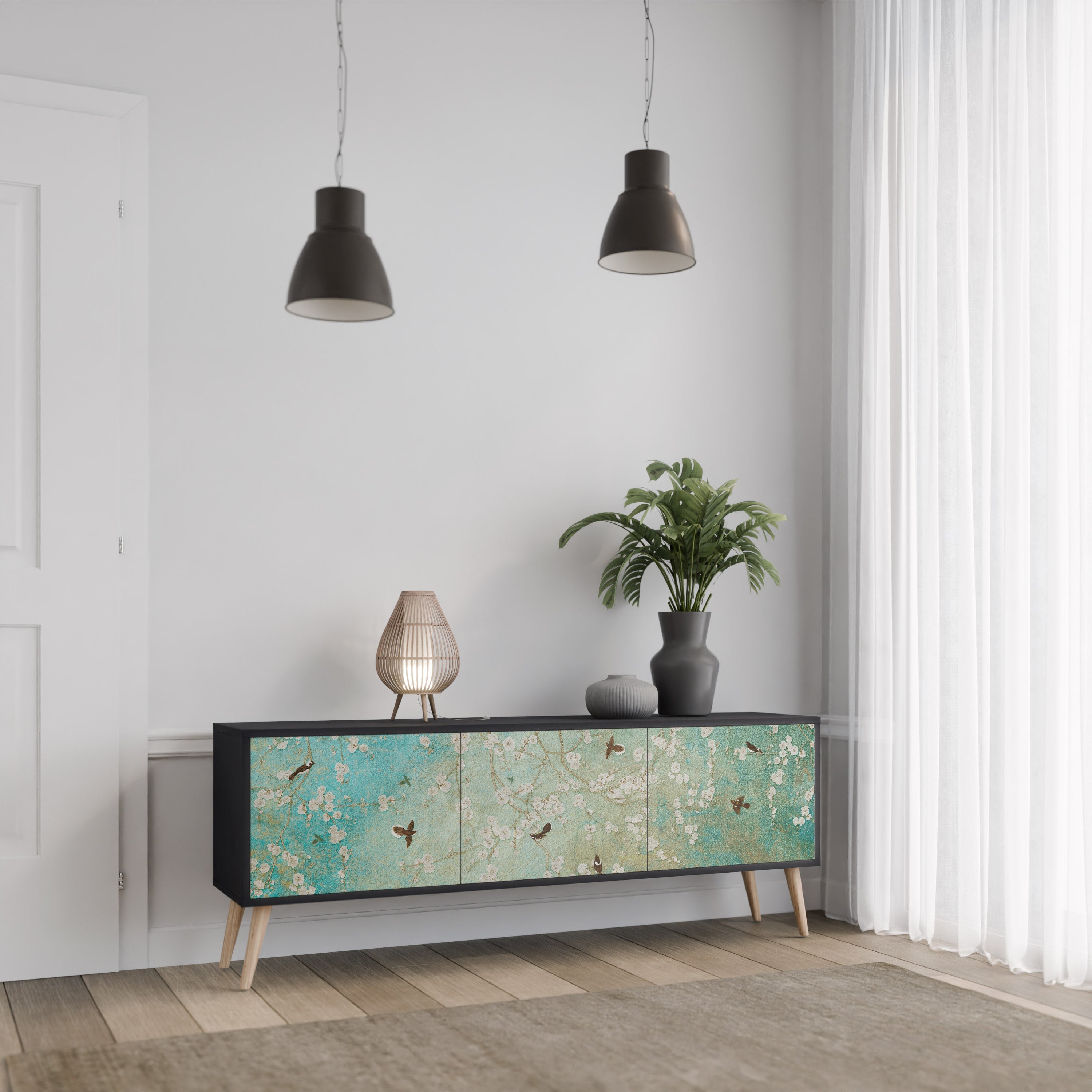 BLOOMING CHARM 3-Door TV Stand in Black Finish