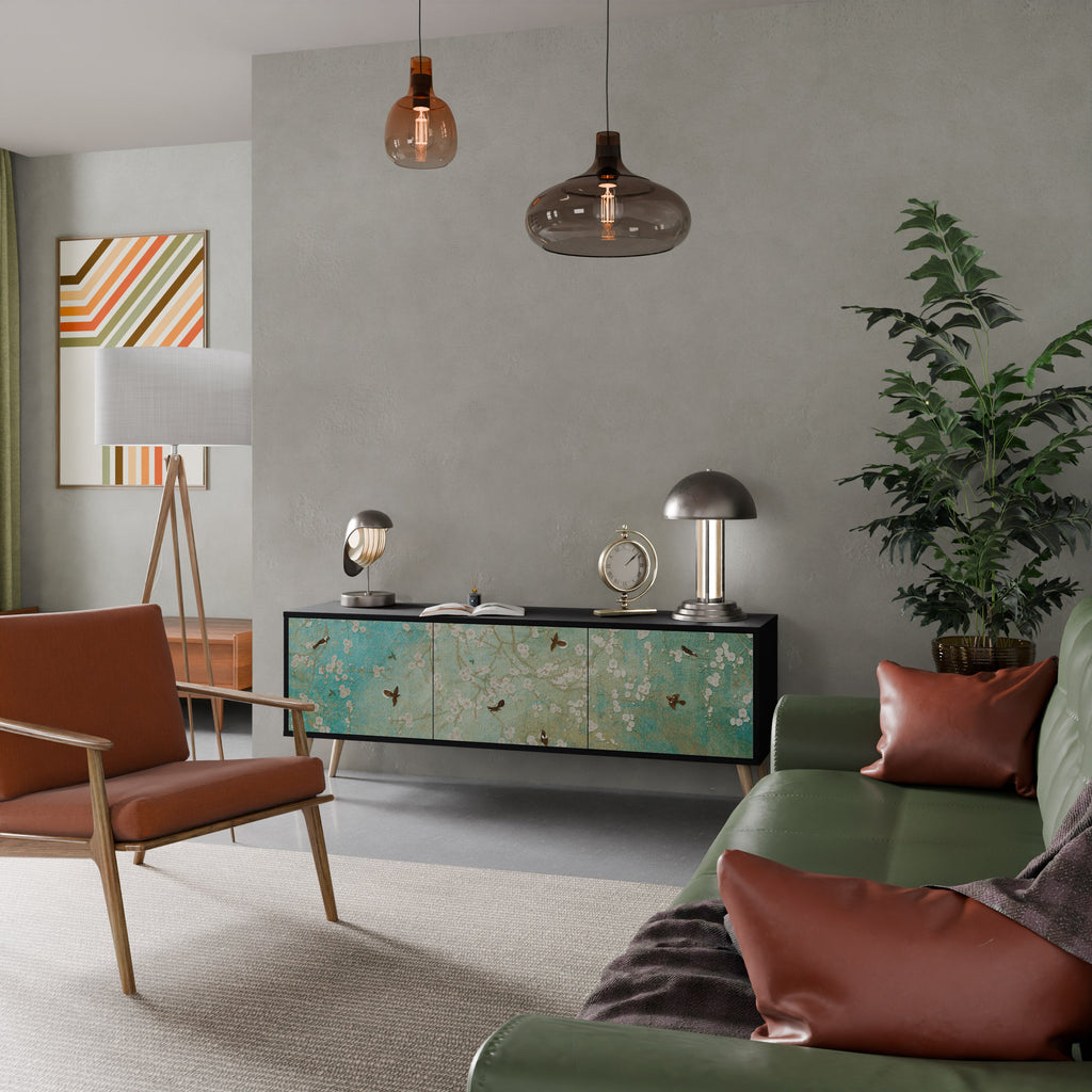 BLOOMING CHARM 3-Door TV Stand in Black Finish