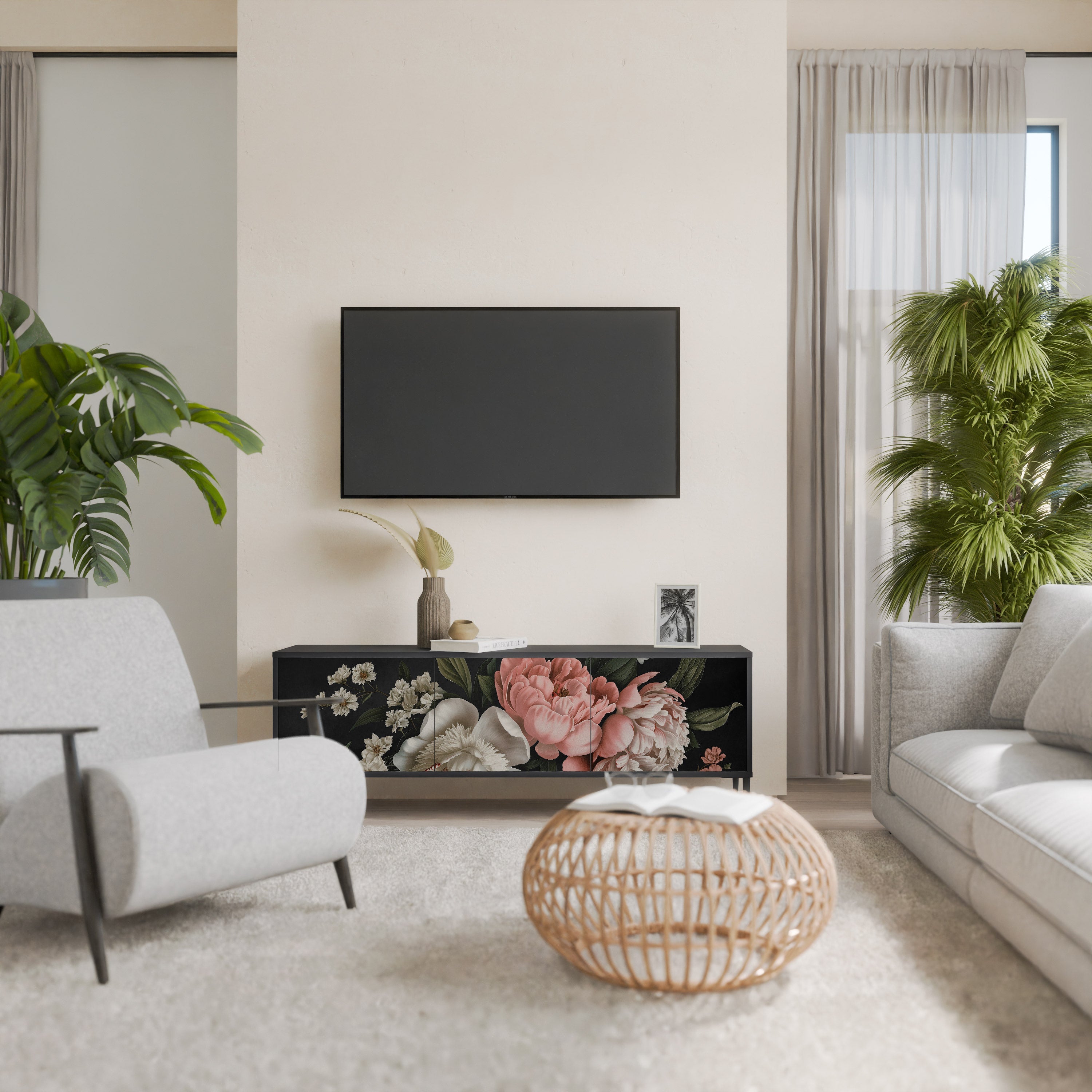 LUSH ELEGANCE 3-Door TV Stand in Black Finish