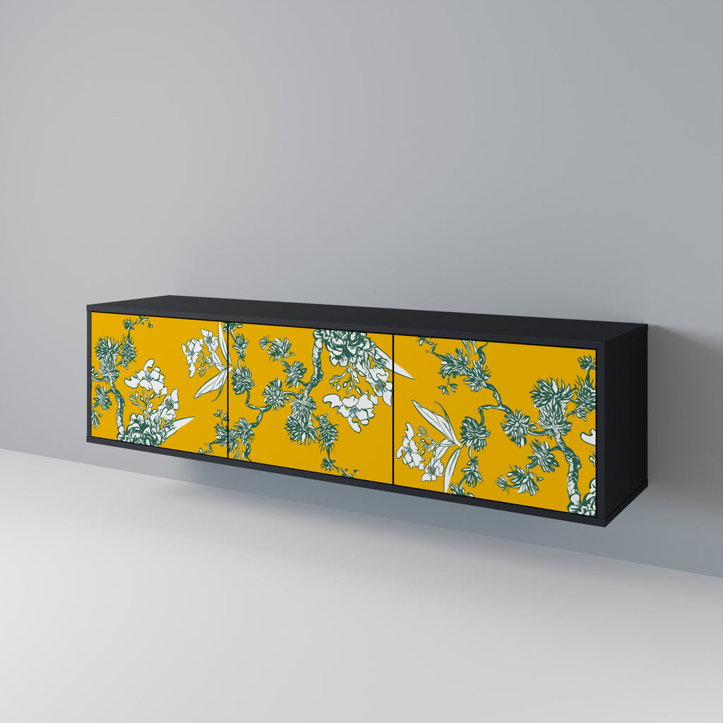 YELLOW CHINOISERIE 3-Door TV Stand in Black Finish
