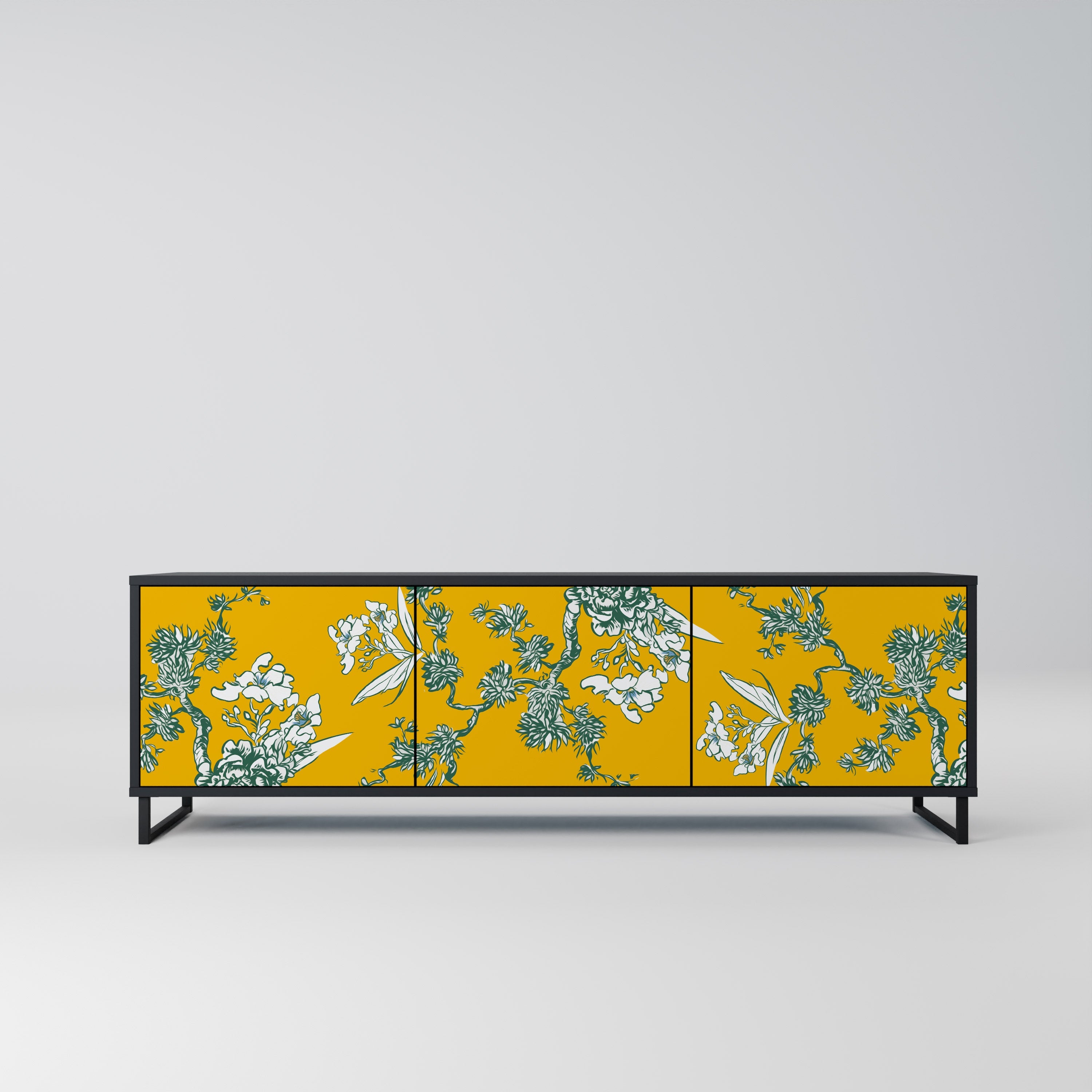 YELLOW CHINOISERIE 3-Door TV Stand in Black Finish