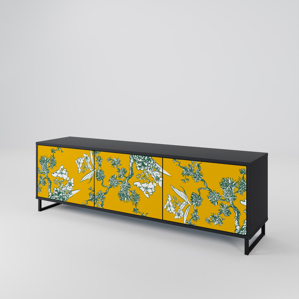 YELLOW CHINOISERIE 3-Door TV Stand in Black Finish