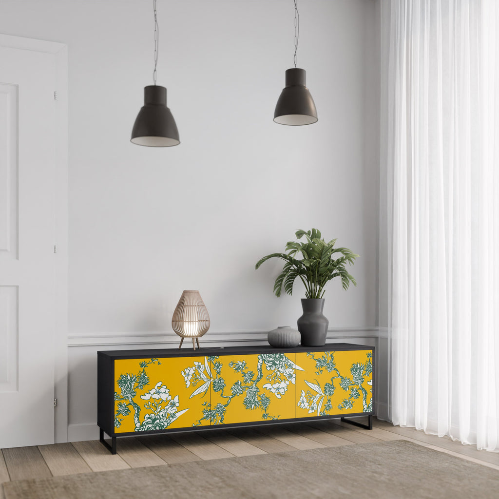 YELLOW CHINOISERIE 3-Door TV Stand in Black Finish