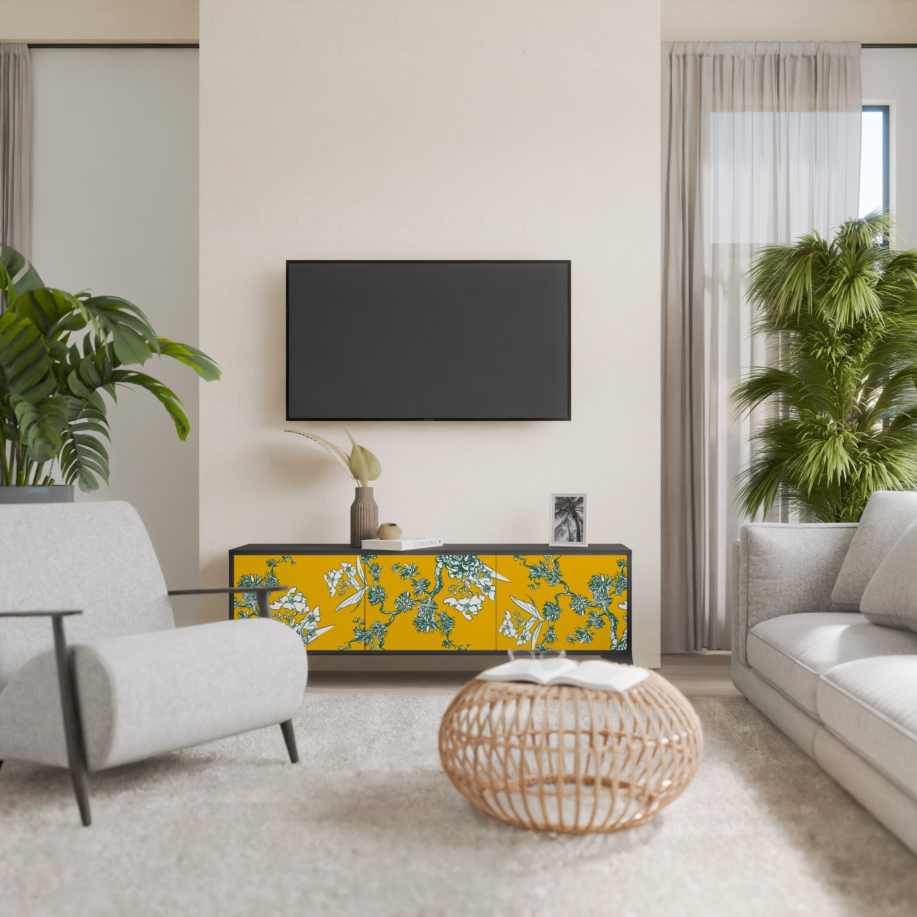 YELLOW CHINOISERIE 3-Door TV Stand in Black Finish