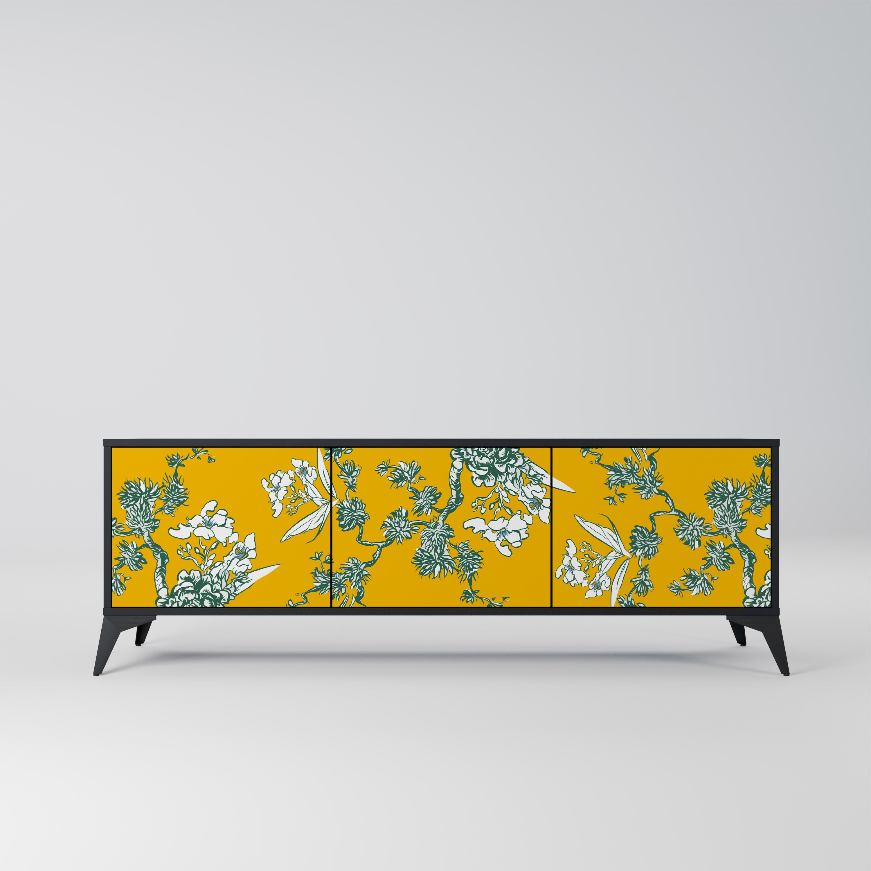 YELLOW CHINOISERIE 3-Door TV Stand in Black Finish