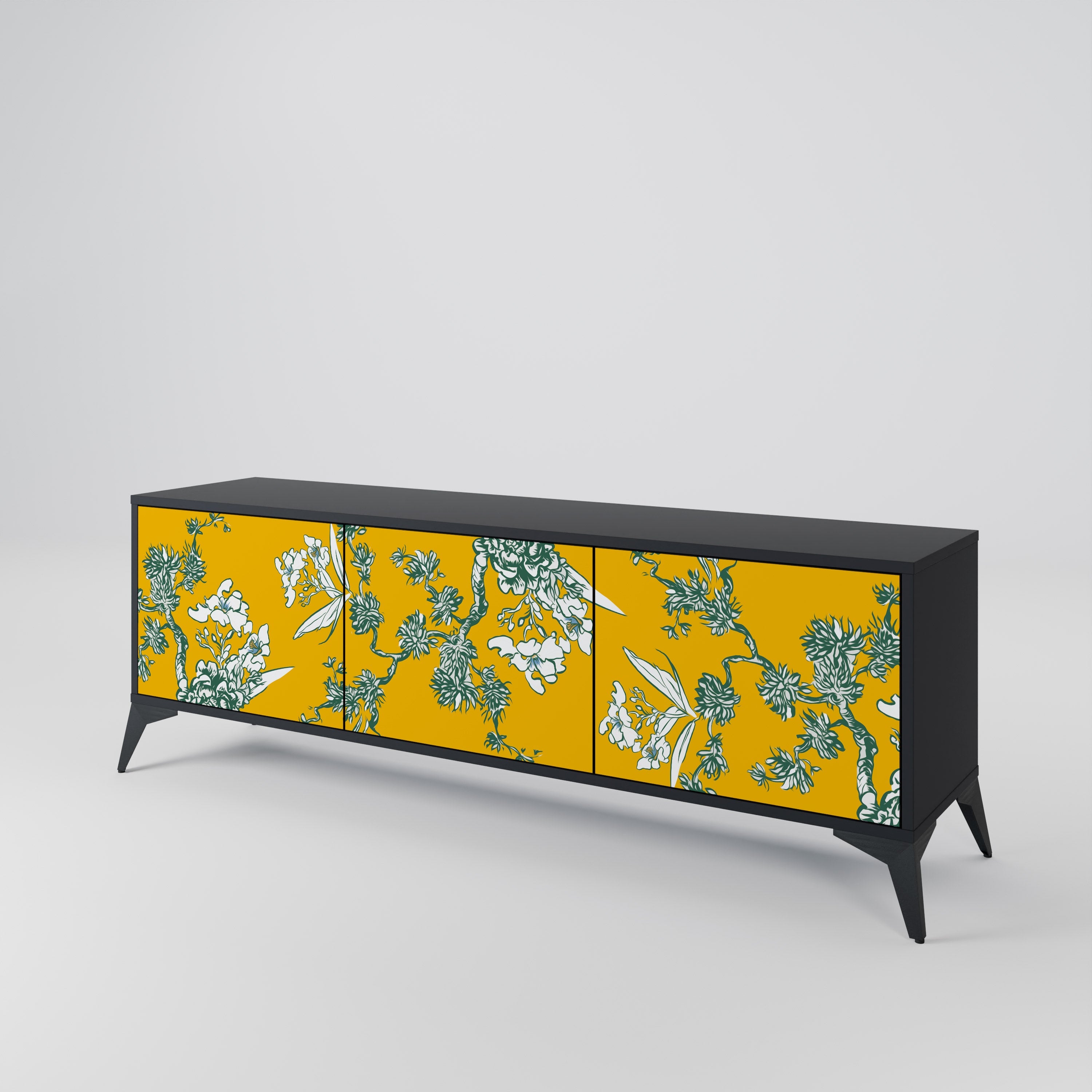 YELLOW CHINOISERIE 3-Door TV Stand in Black Finish