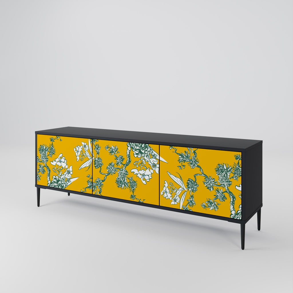 YELLOW CHINOISERIE 3-Door TV Stand in Black Finish