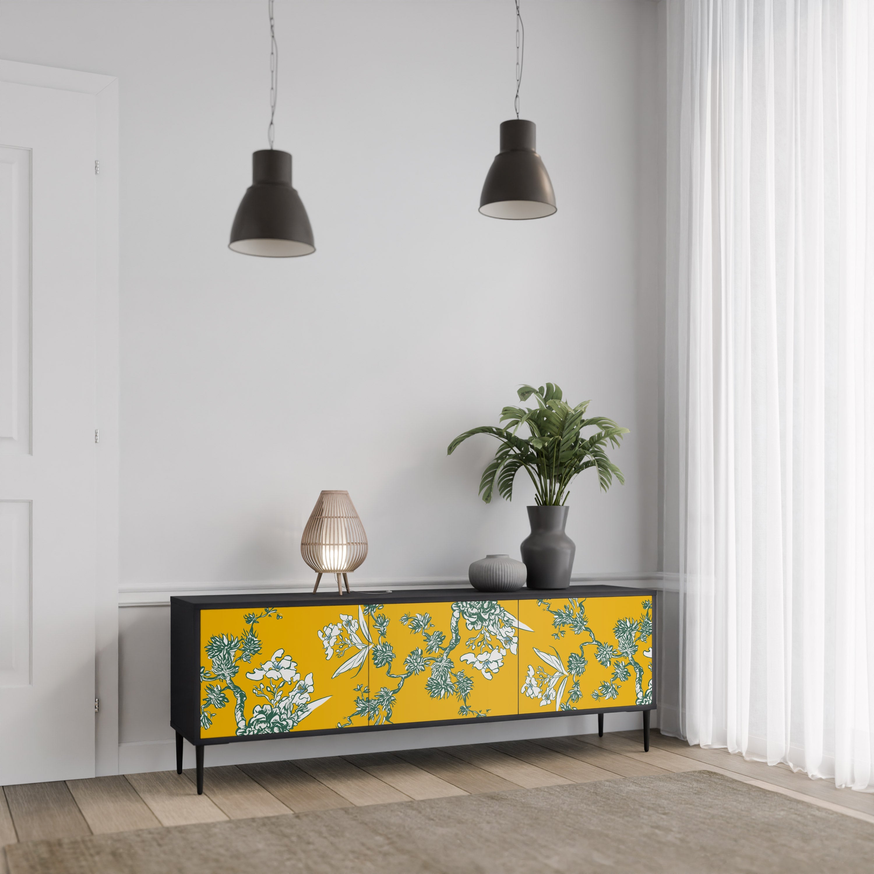 YELLOW CHINOISERIE 3-Door TV Stand in Black Finish