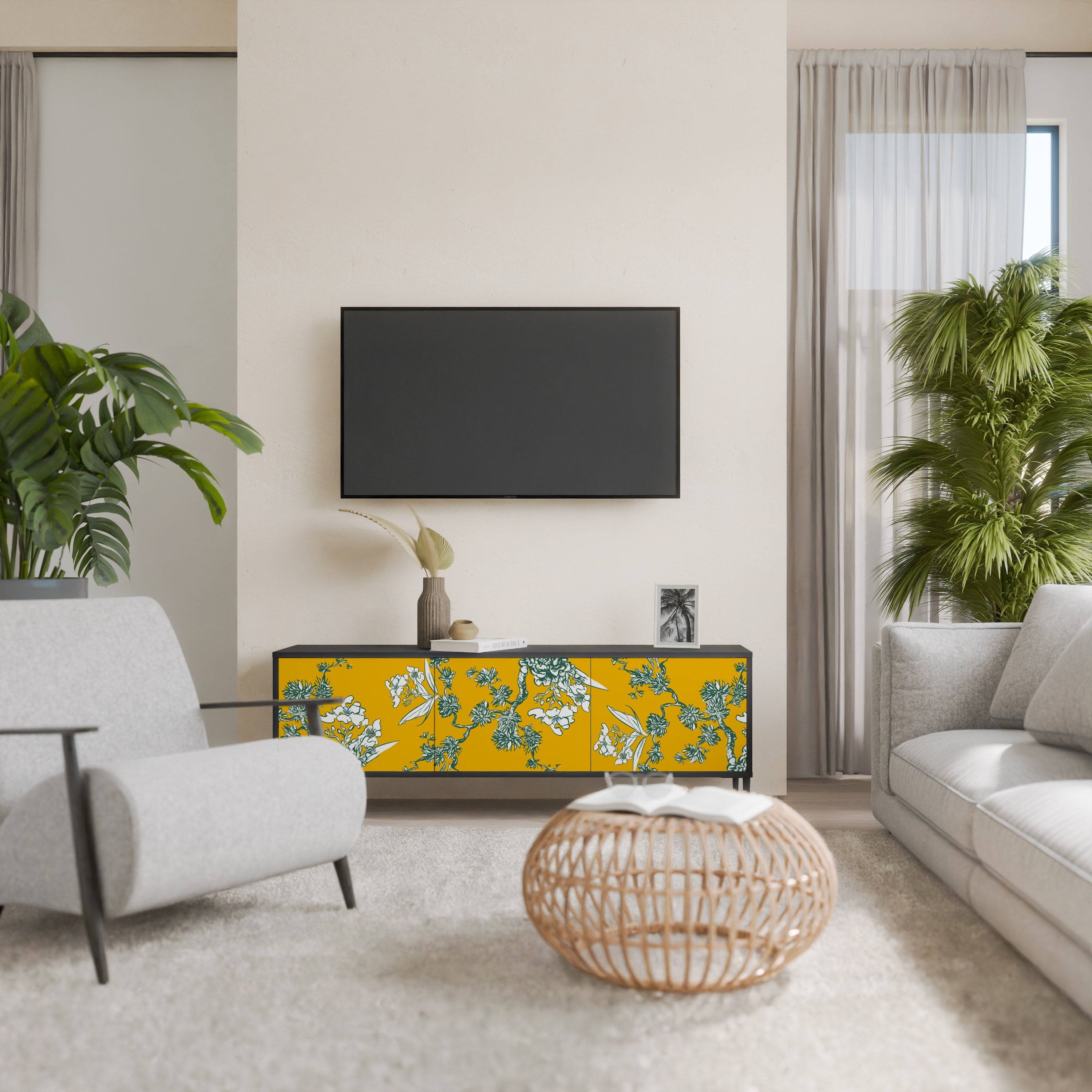 YELLOW CHINOISERIE 3-Door TV Stand in Black Finish