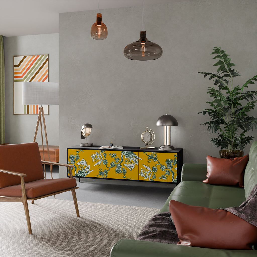 YELLOW CHINOISERIE 3-Door TV Stand in Black Finish