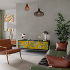 YELLOW CHINOISERIE 3-Door TV Stand in Black Finish