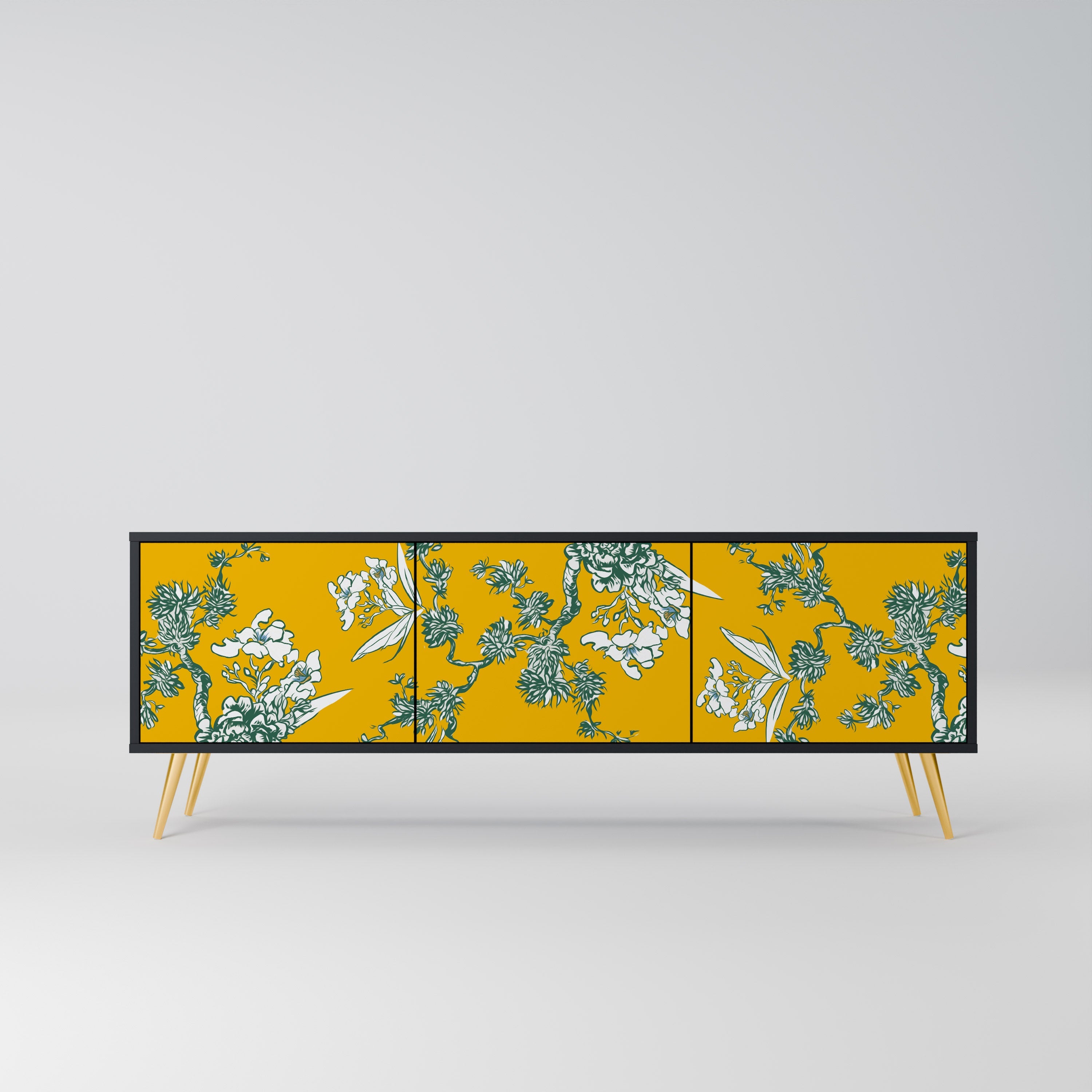 YELLOW CHINOISERIE 3-Door TV Stand in Black Finish