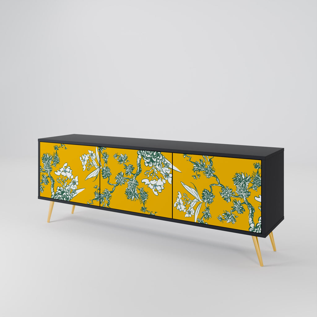 YELLOW CHINOISERIE 3-Door TV Stand in Black Finish