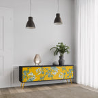 YELLOW CHINOISERIE 3-Door TV Stand in Black Finish