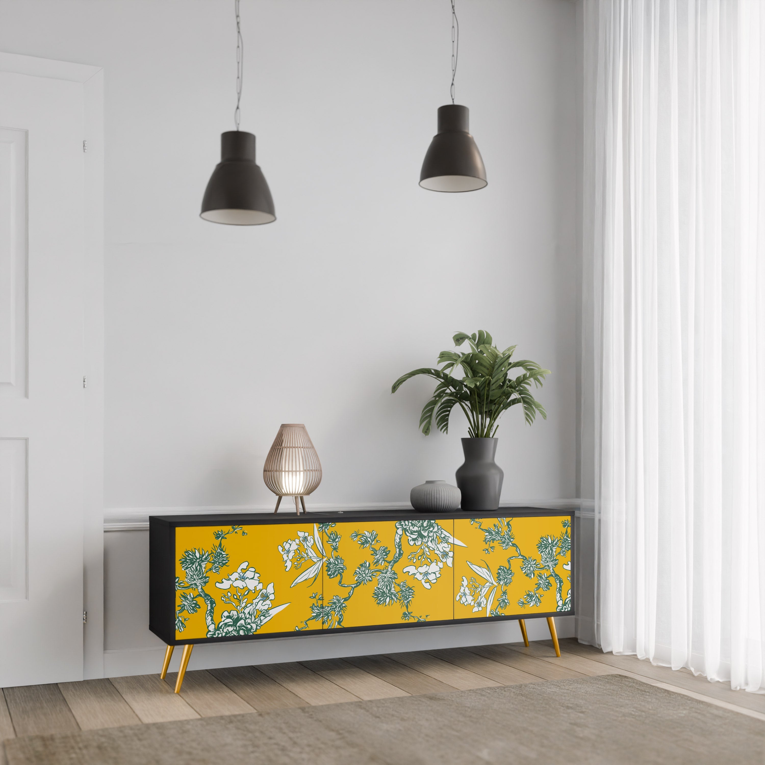 YELLOW CHINOISERIE 3-Door TV Stand in Black Finish