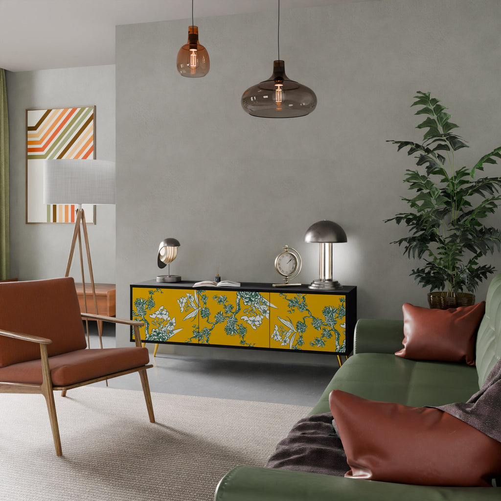 YELLOW CHINOISERIE 3-Door TV Stand in Black Finish