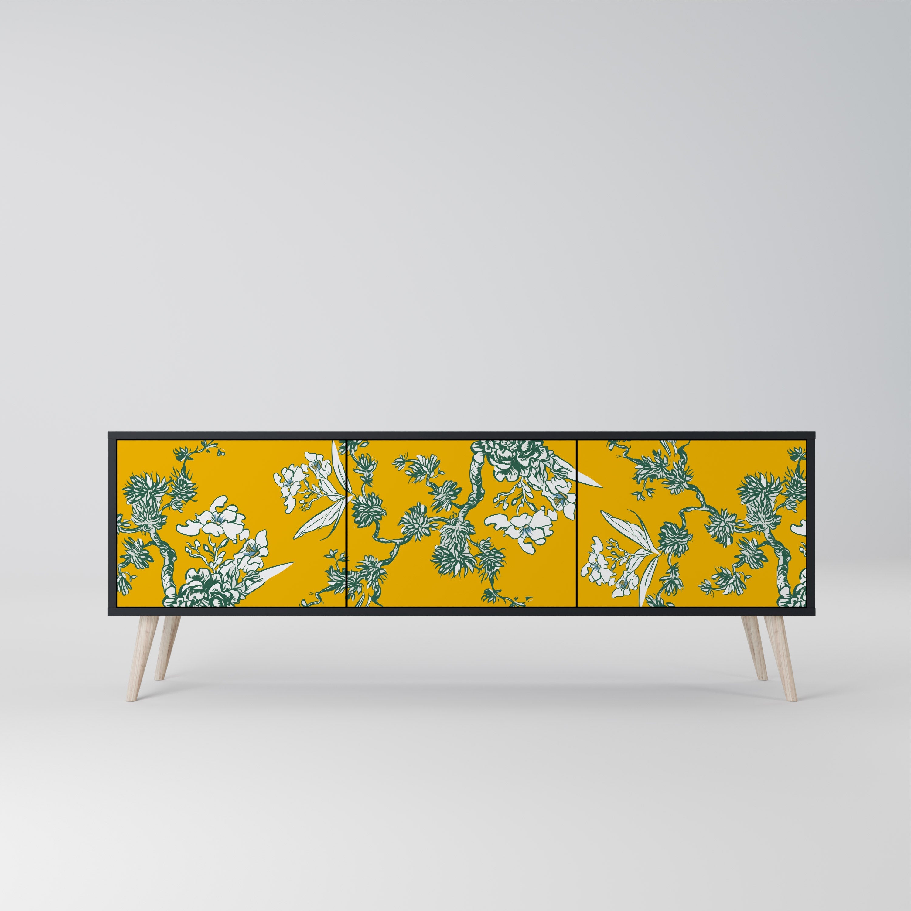 YELLOW CHINOISERIE 3-Door TV Stand in Black Finish