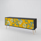 YELLOW CHINOISERIE 3-Door TV Stand in Black Finish