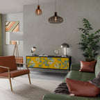 YELLOW CHINOISERIE 3-Door TV Stand in Black Finish