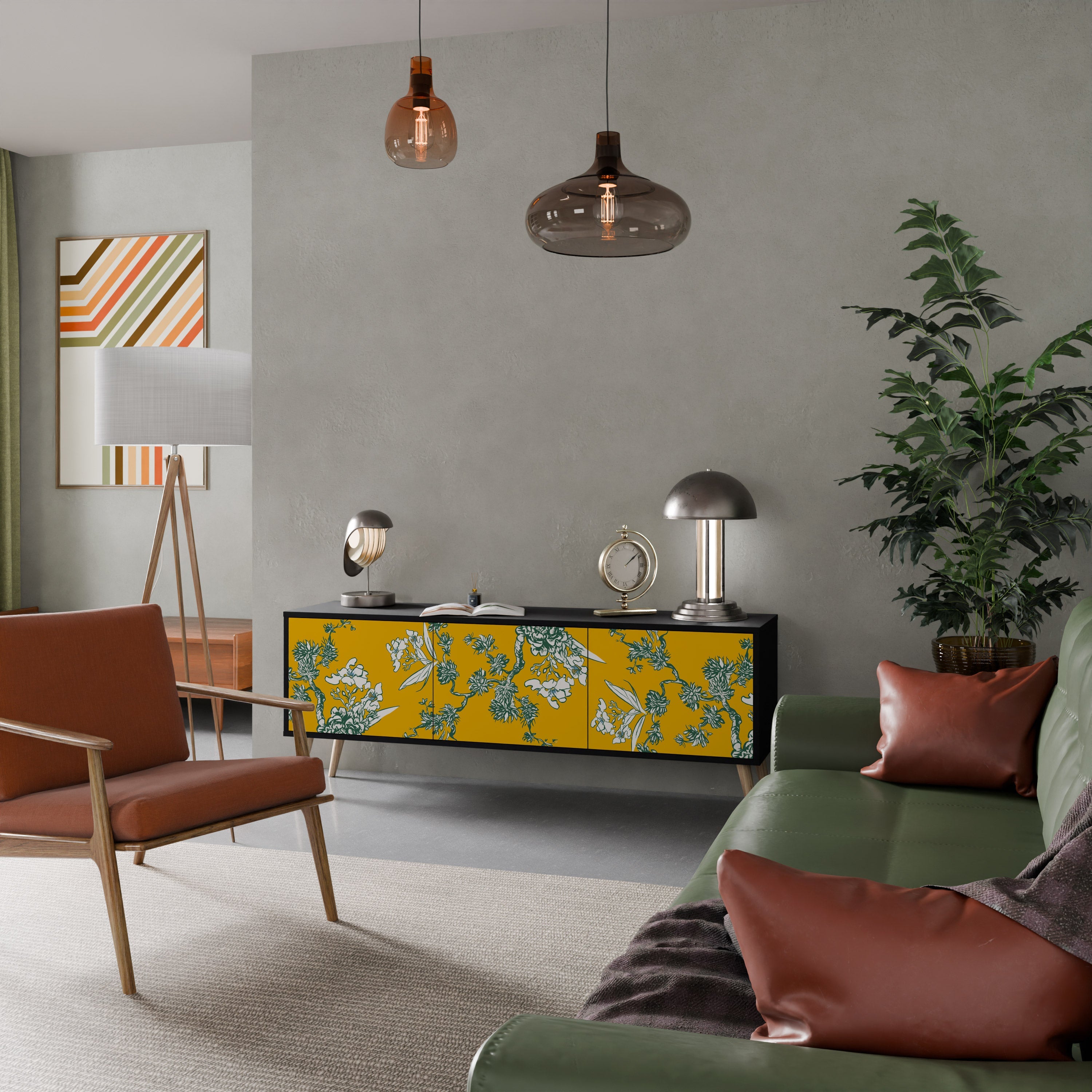 YELLOW CHINOISERIE 3-Door TV Stand in Black Finish