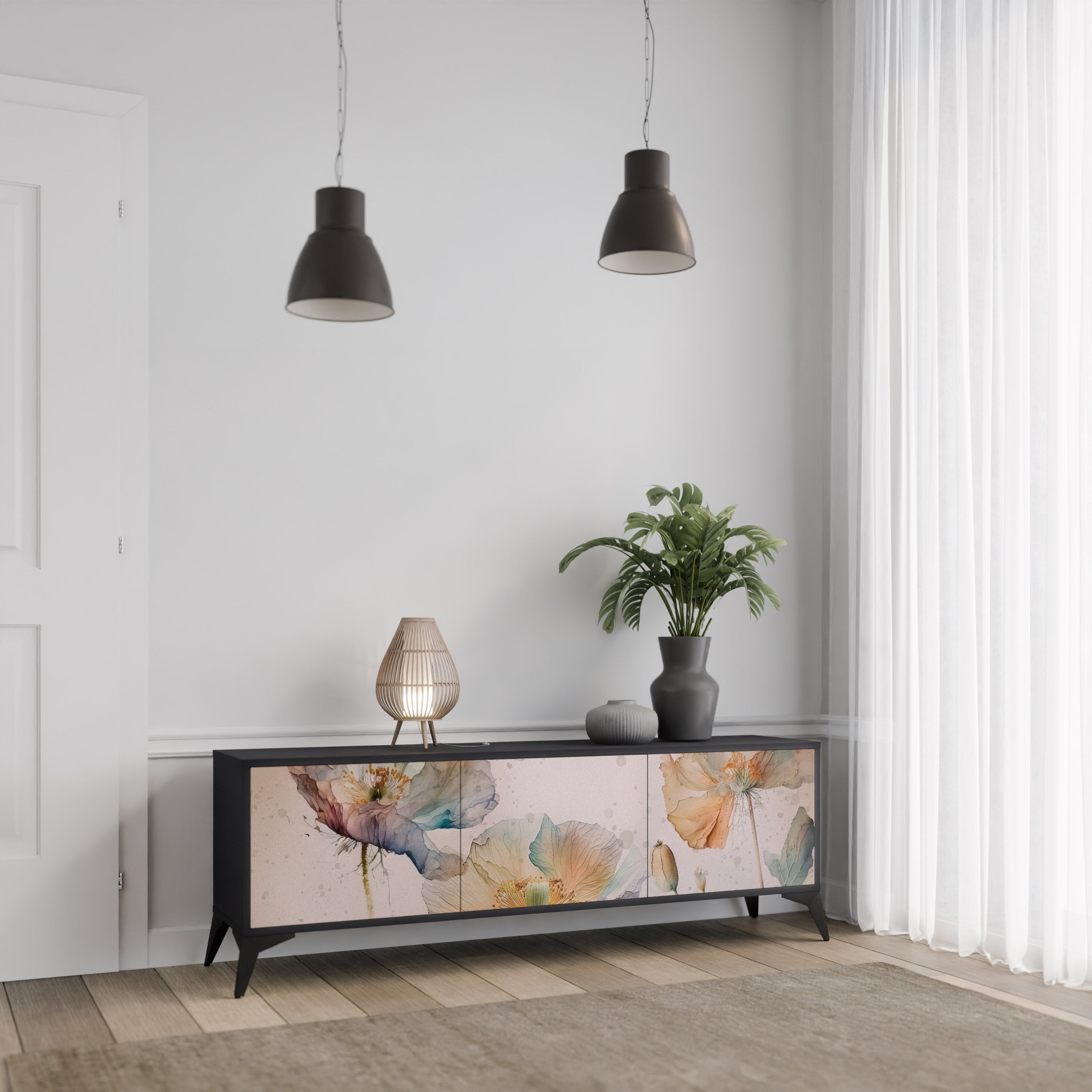 SOFTEN POPPY 3-Door TV Stand in Black Finish